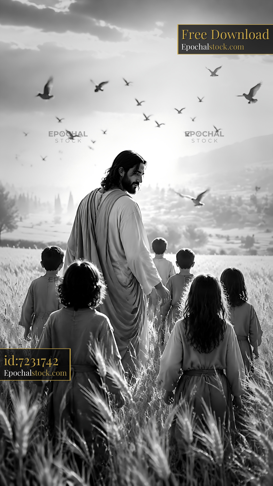 Watermarked full-resolution preview of Jesus walking with children in a wheat field