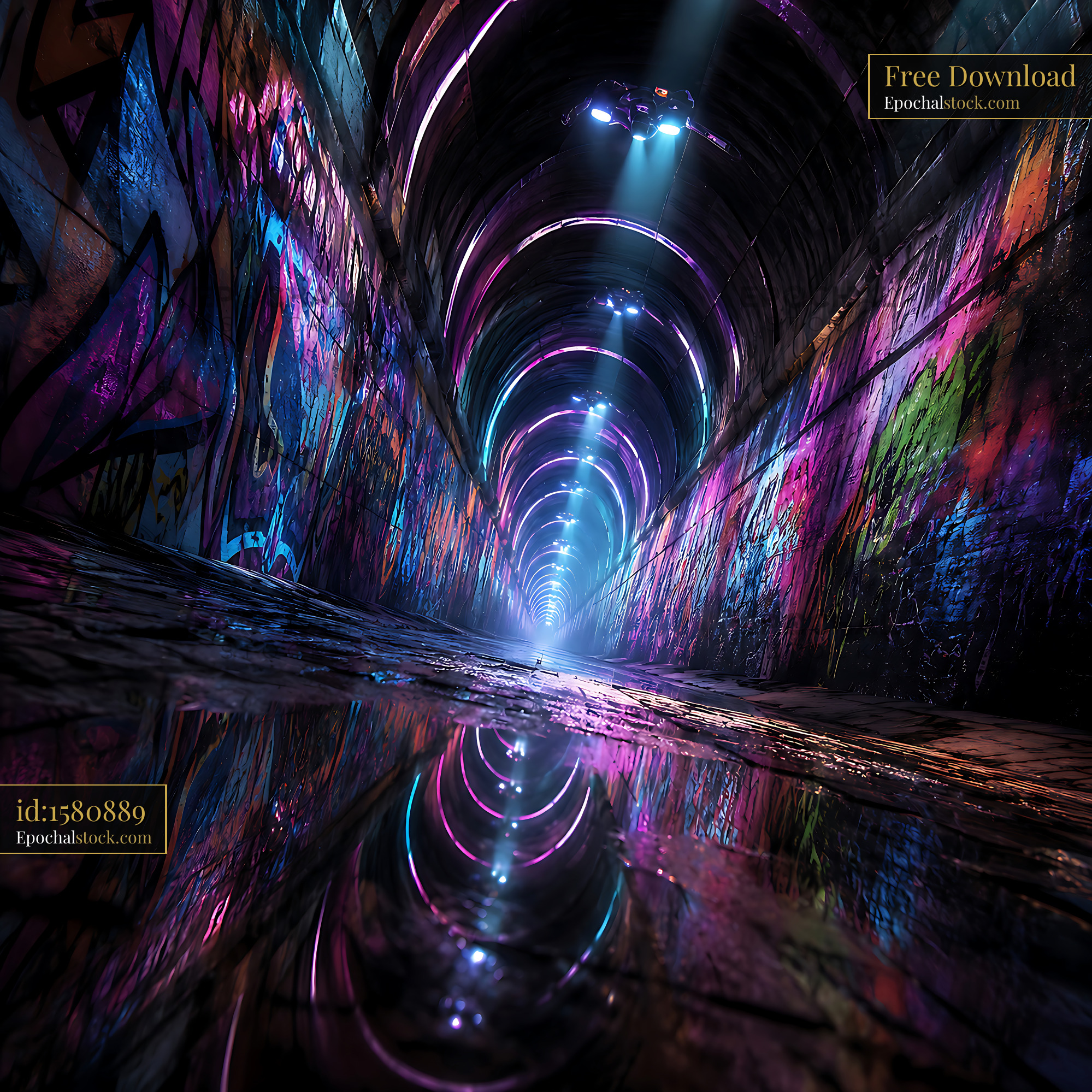 Colorful Graffiti Tunnel Reflecting Light and Art With Water - stock photo
