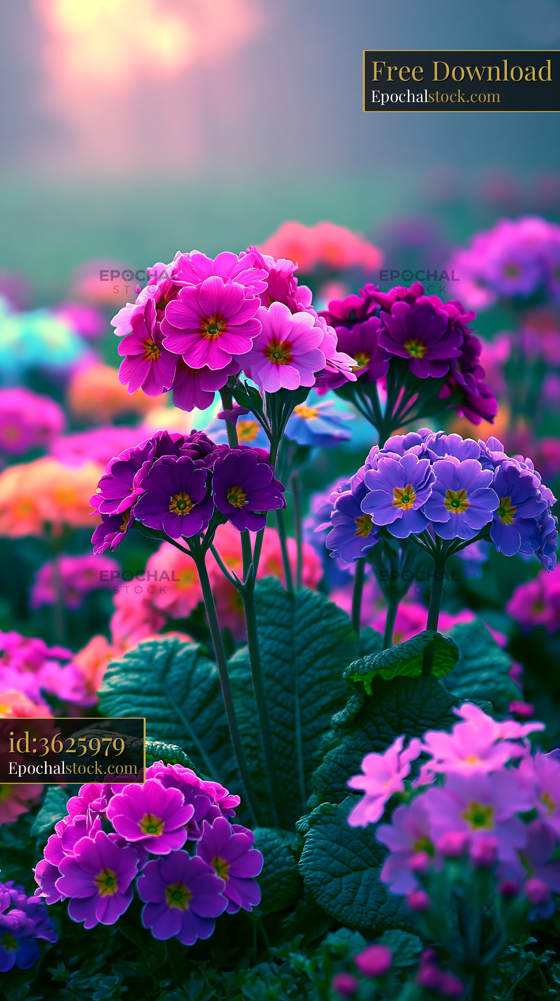 Watermarked full-resolution preview of Colorful flowers blooming in a garden during sunset