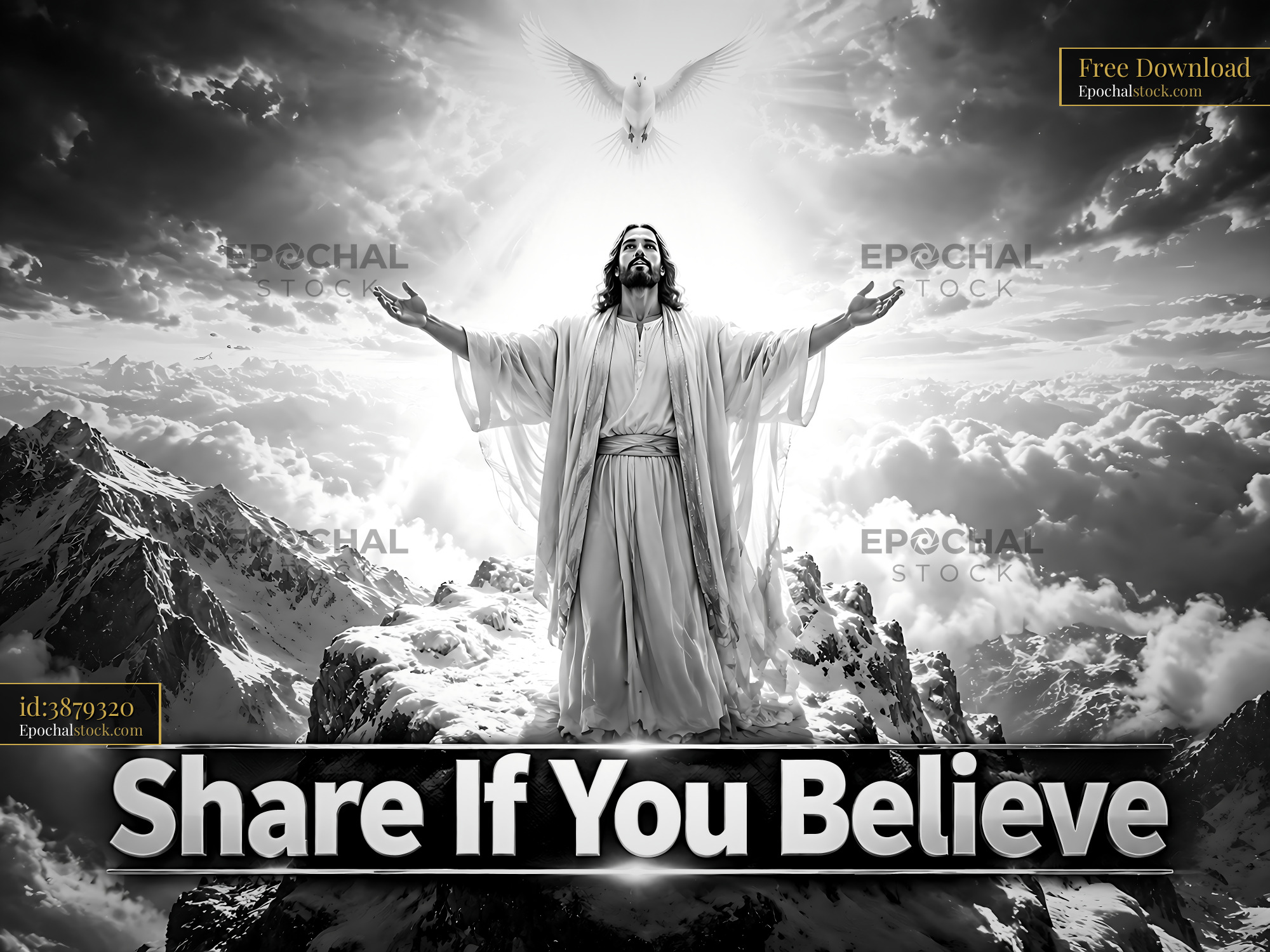 Watermarked full-resolution preview of Jesus stands on mountain with arms open and dove above