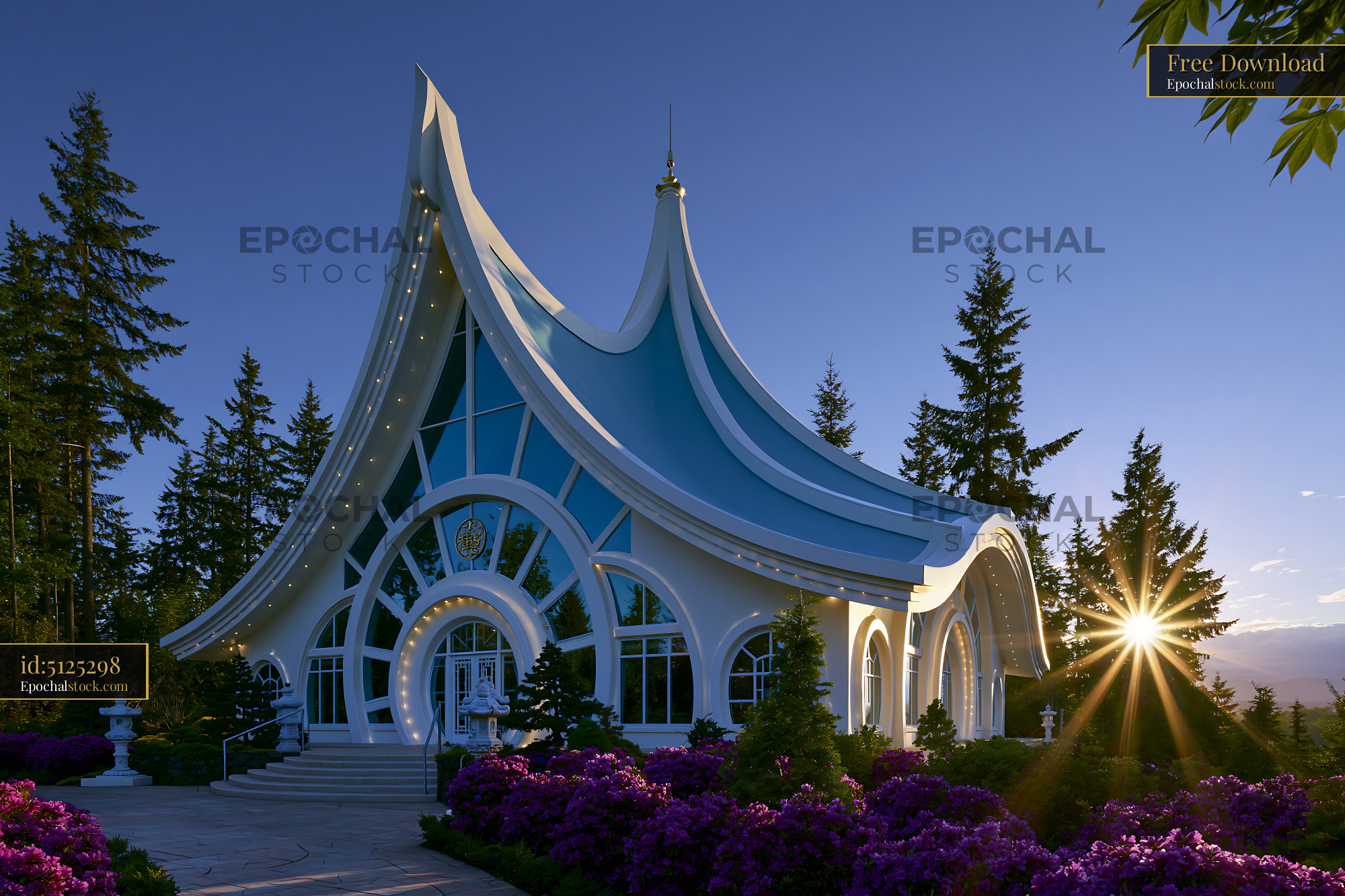 Watermarked full-resolution preview of Chapel surrounded by trees and flowers during sunset