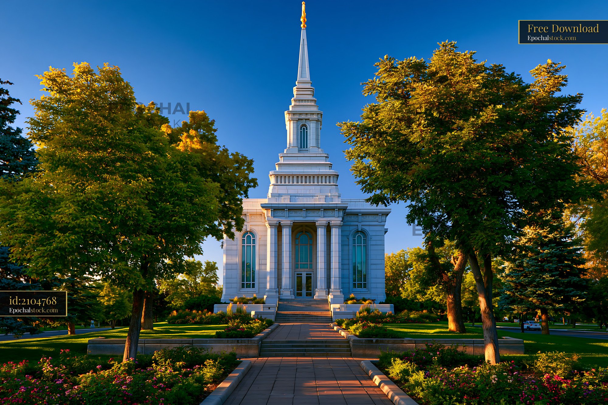 Watermarked full-resolution preview of Modern church building surrounded by trees and green space
