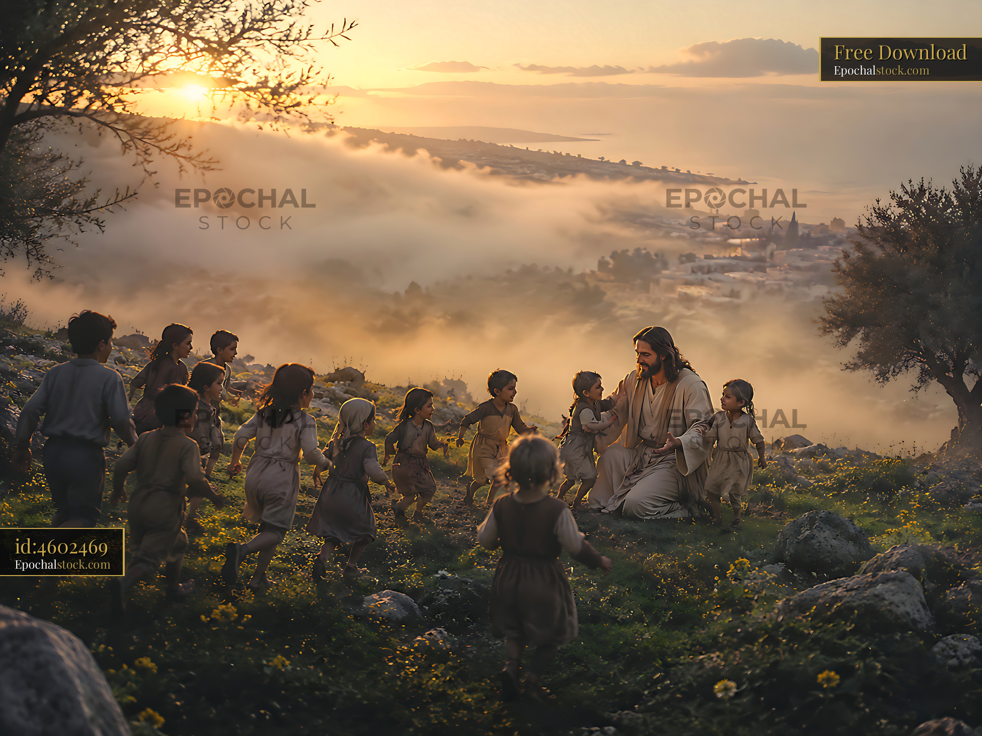 Watermarked full-resolution preview of Jesus surrounded by children at sunset in a natural setting