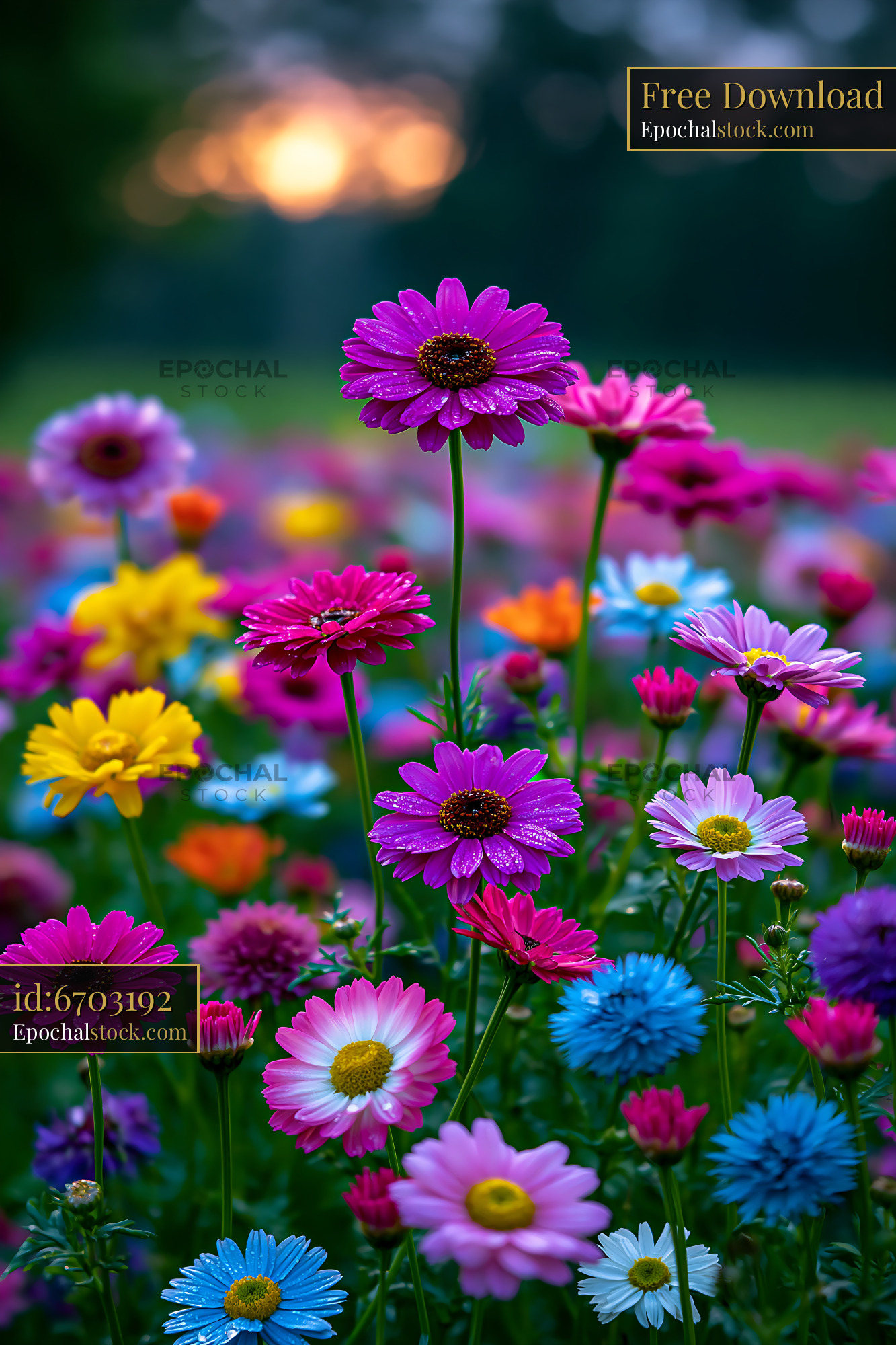 Watermarked full-resolution preview of Colorful flowers blooming in a garden during sunset