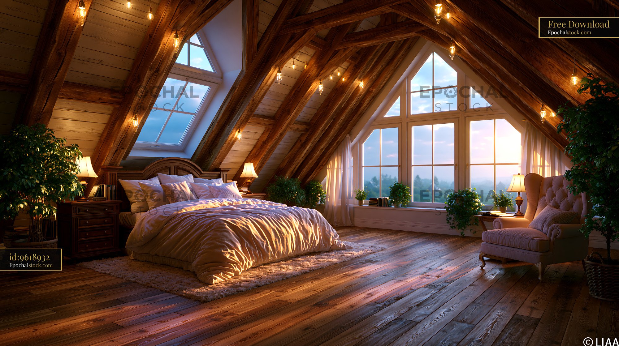 Watermarked full-resolution preview of Cozy attic bedroom with natural light and wooden decor