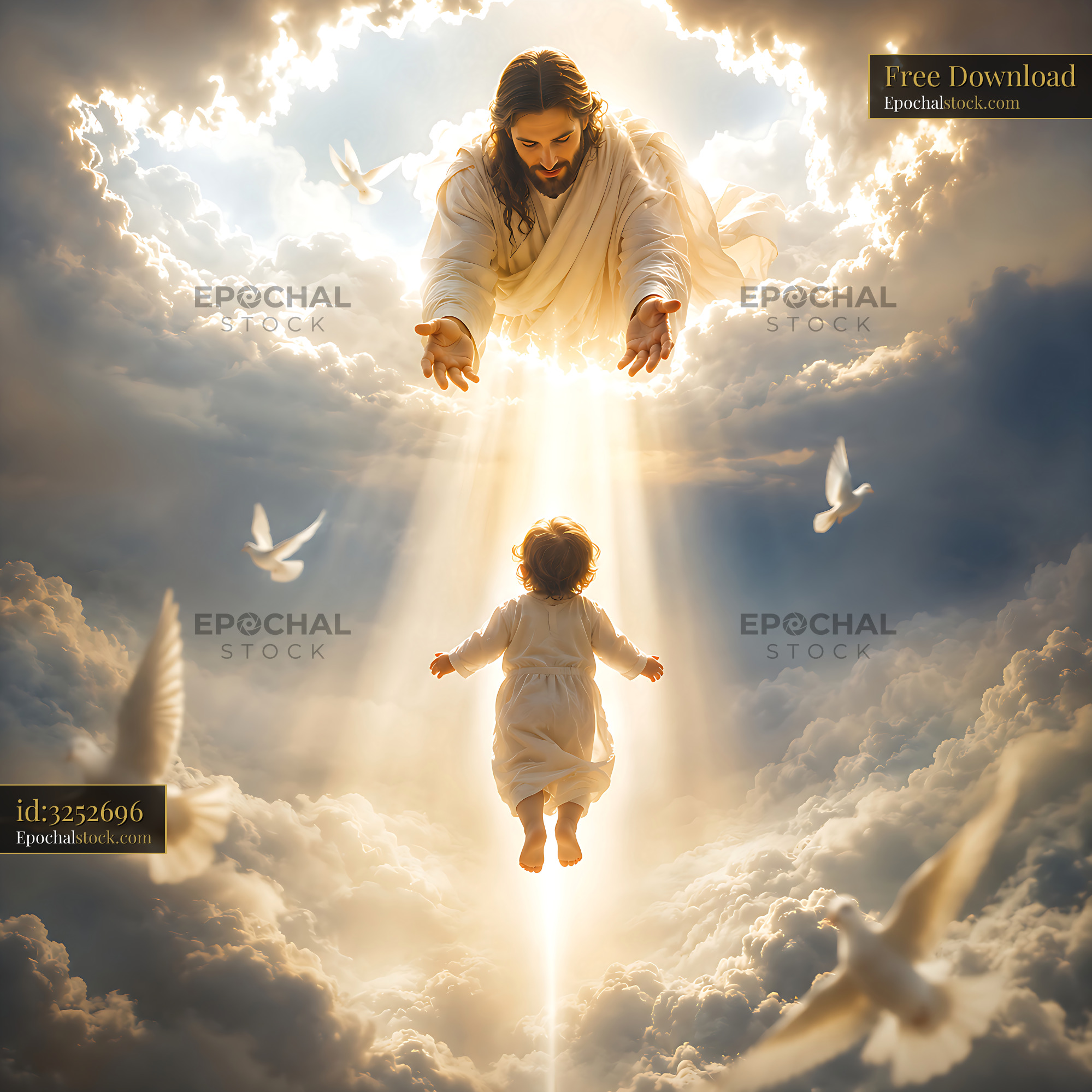 Watermarked full-resolution preview of Heavenly figure reaching out to child in cloud-filled sky