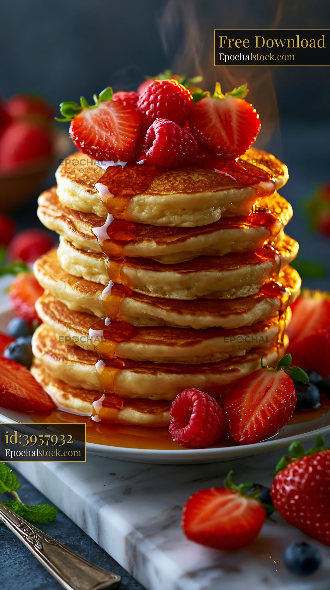 Watermarked full-resolution preview of Stack of pancakes with syrup and berries on a plate