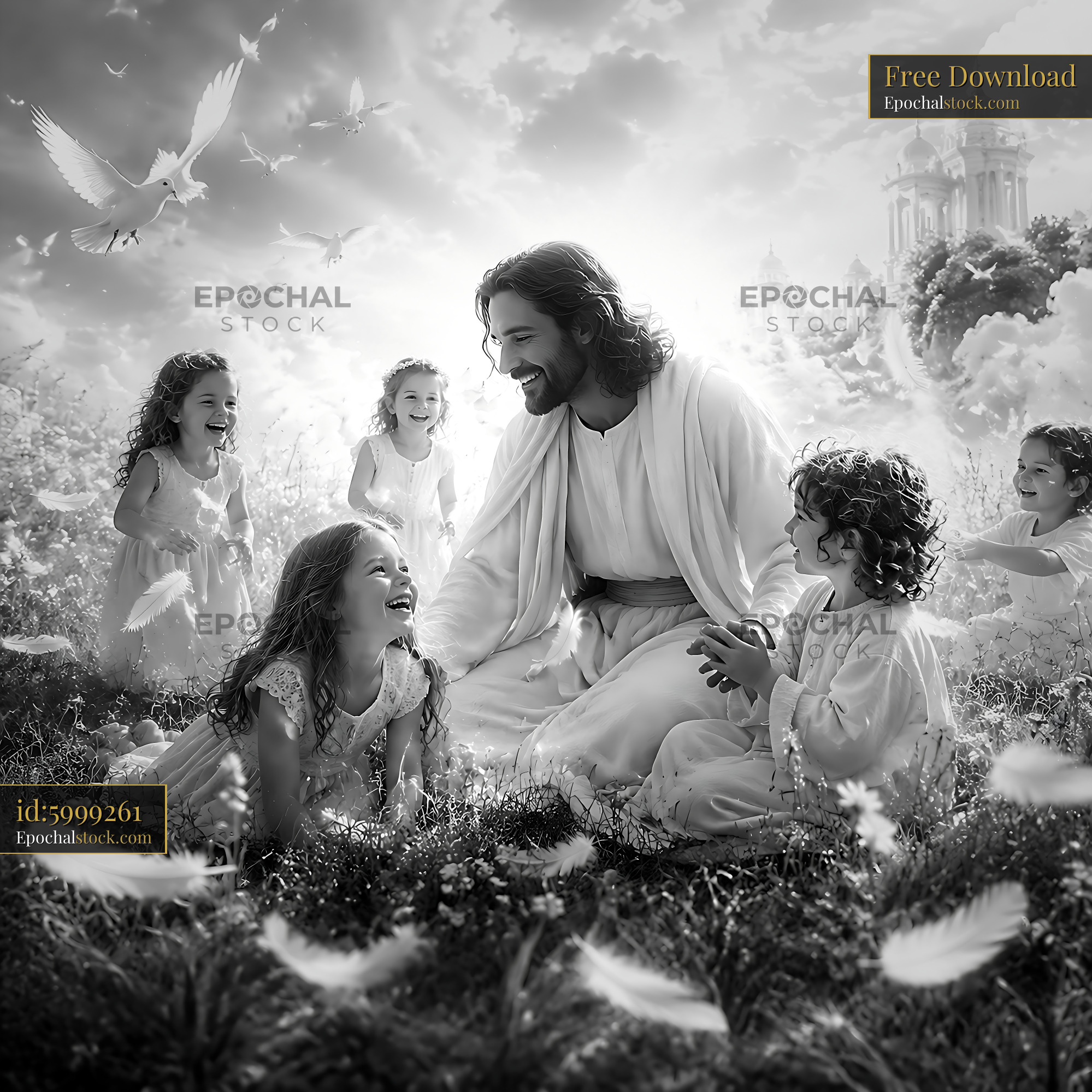 Watermarked full-resolution preview of Children playing with Jesus in a serene garden setting