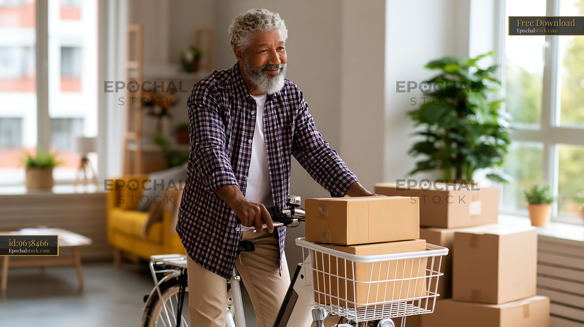 Watermarked full-resolution preview of Senior man delivering packages by bicycle in a sunny room