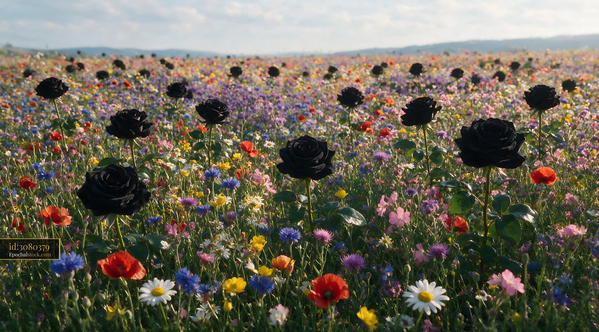 Watermarked full-resolution preview of Black roses in a colorful flower field