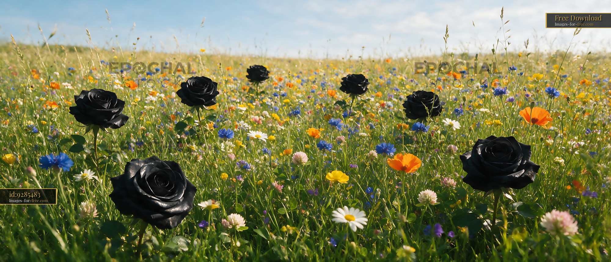 Watermarked full-resolution preview of Black flowers in a field of colorful wildflowers