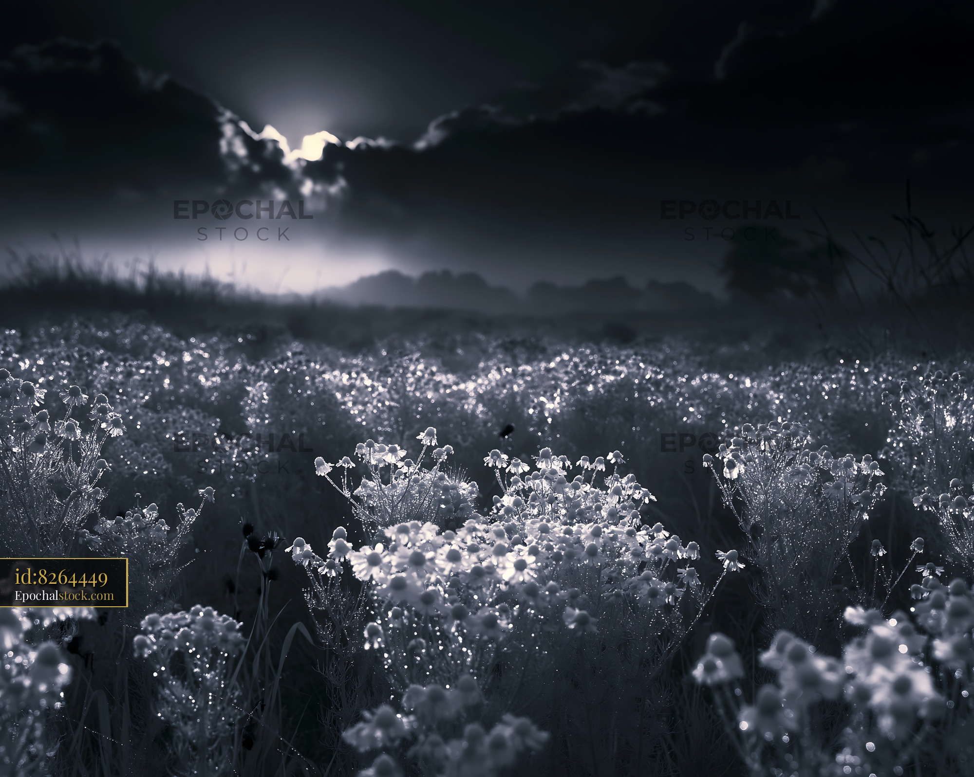 Watermarked full-resolution preview of Misty field with flowers under a dark sky at sunset