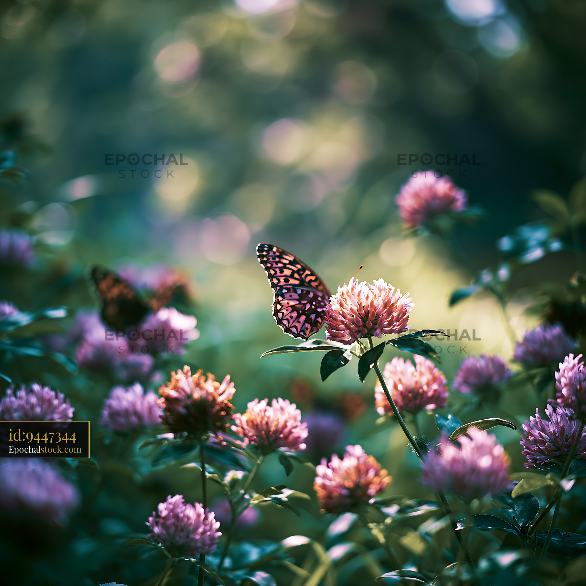 Watermarked full-resolution preview of Butterflies on blooming clover flowers in a garden setting