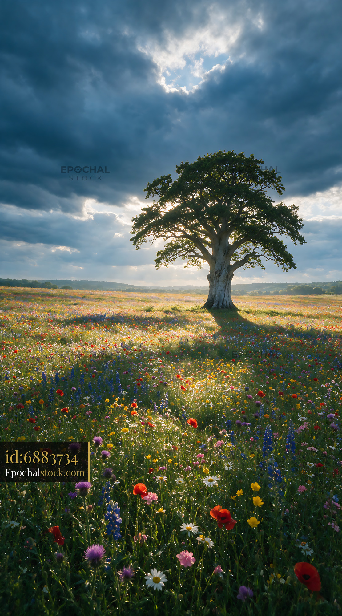 Watermarked full-resolution preview of Lone tree in a blooming field under cloudy sky