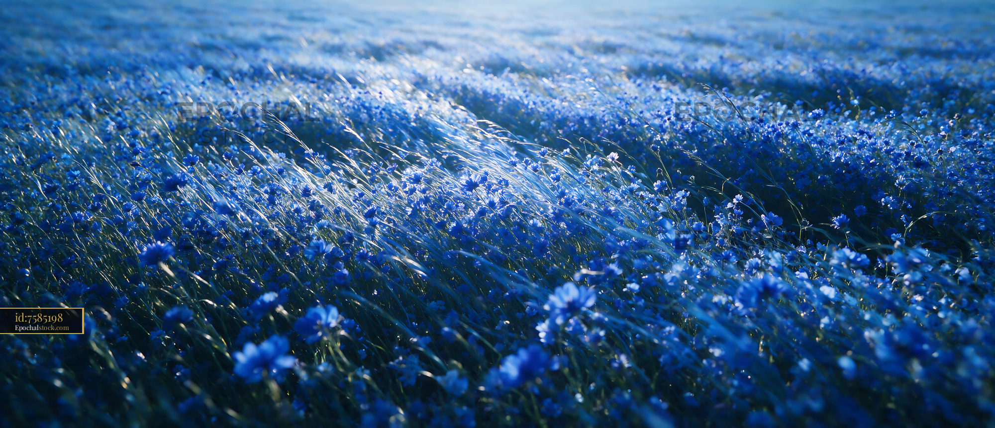 Watermarked full-resolution preview of Vast field of blue flowers swaying in the breeze