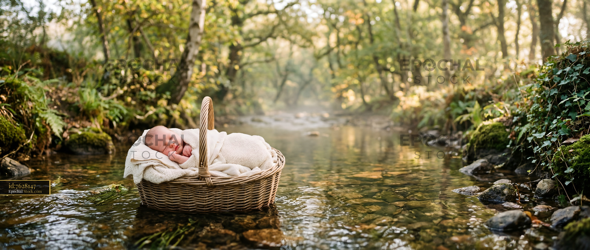 Baby in a basket floats on a stream surrounded by trees Premium Stock Image