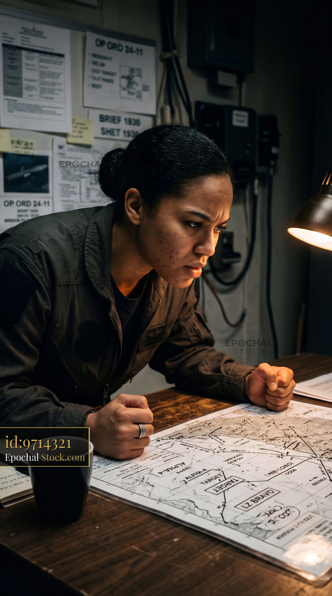 Person studies a map in a dim room at night Premium Stock Image