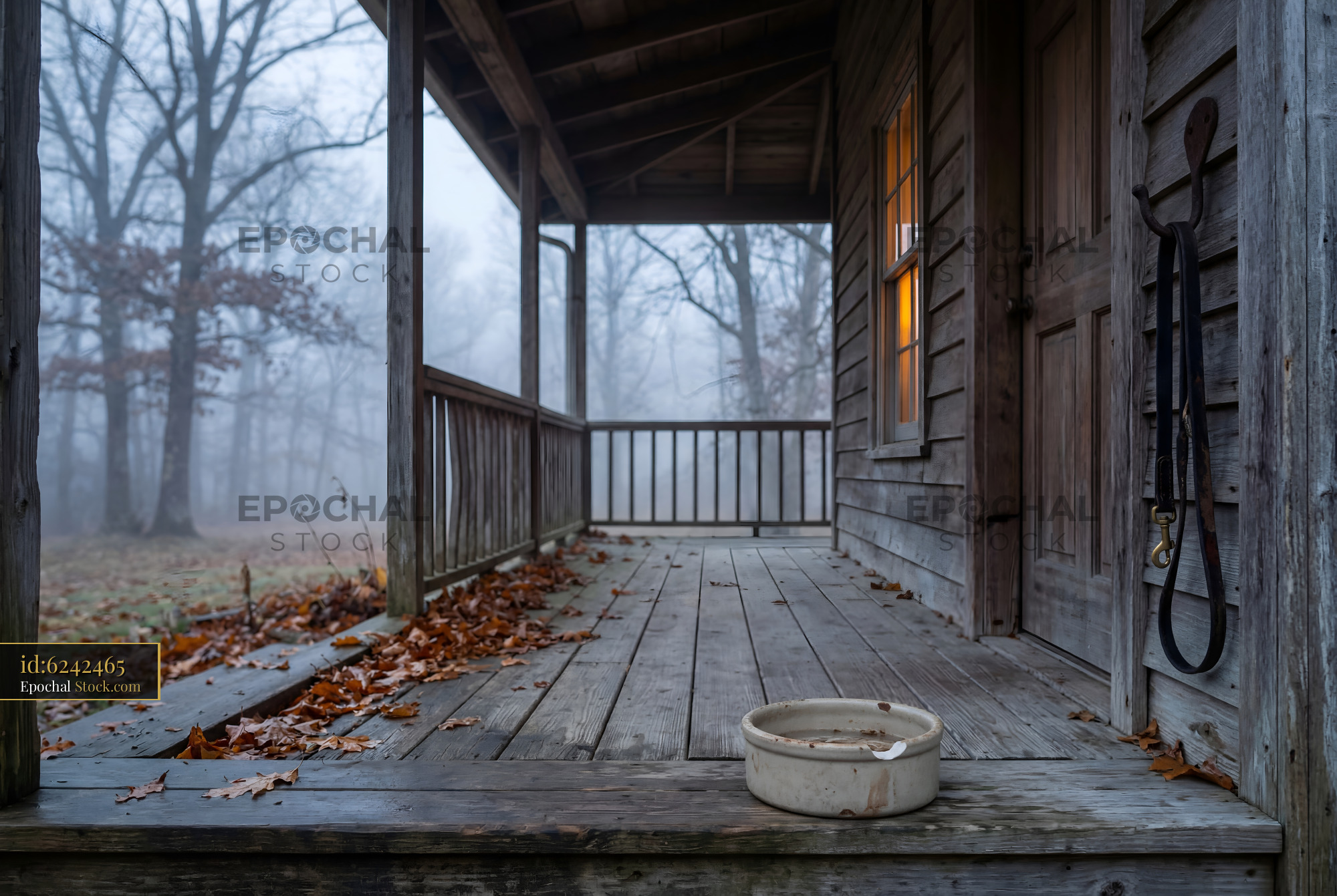 Fog covers an old porch with a bowl on a wooden floor Premium Stock Photo
