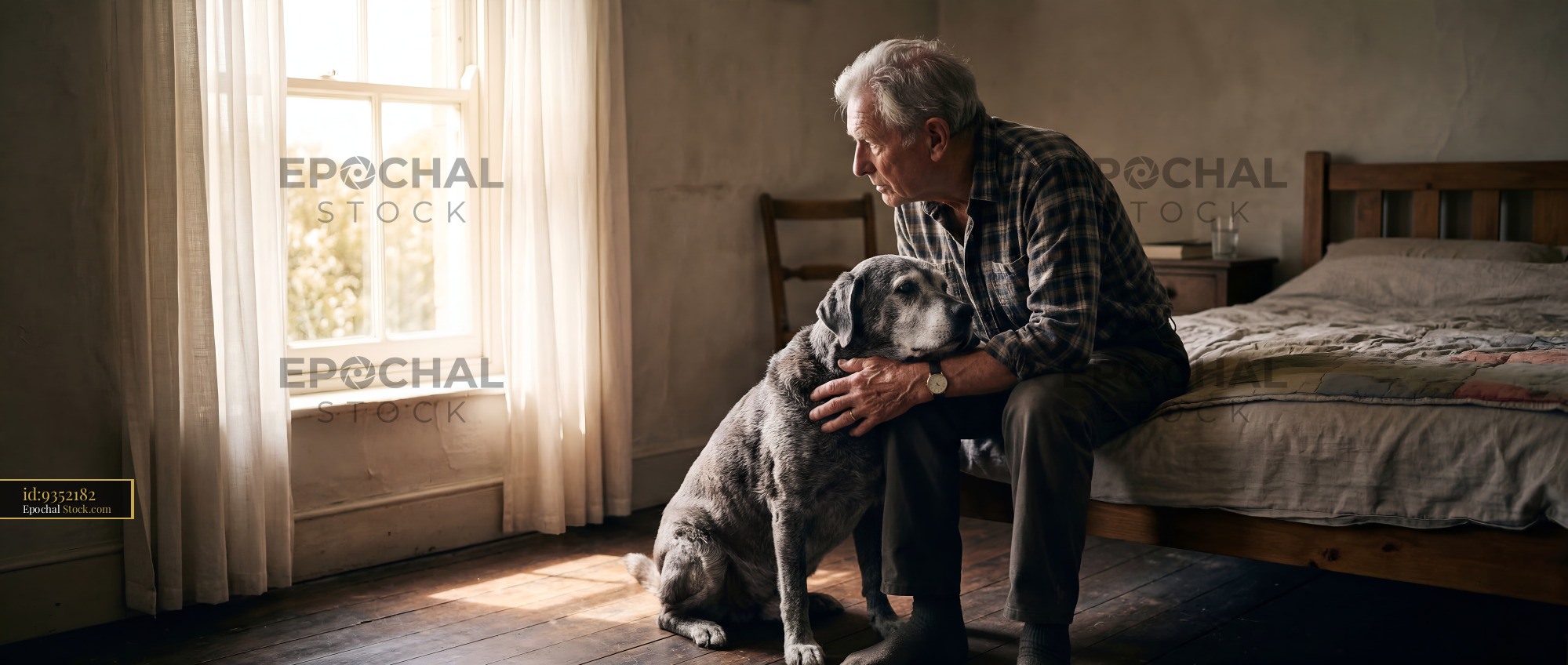 Man sits with dog in a bright room during the day Premium Stock Image