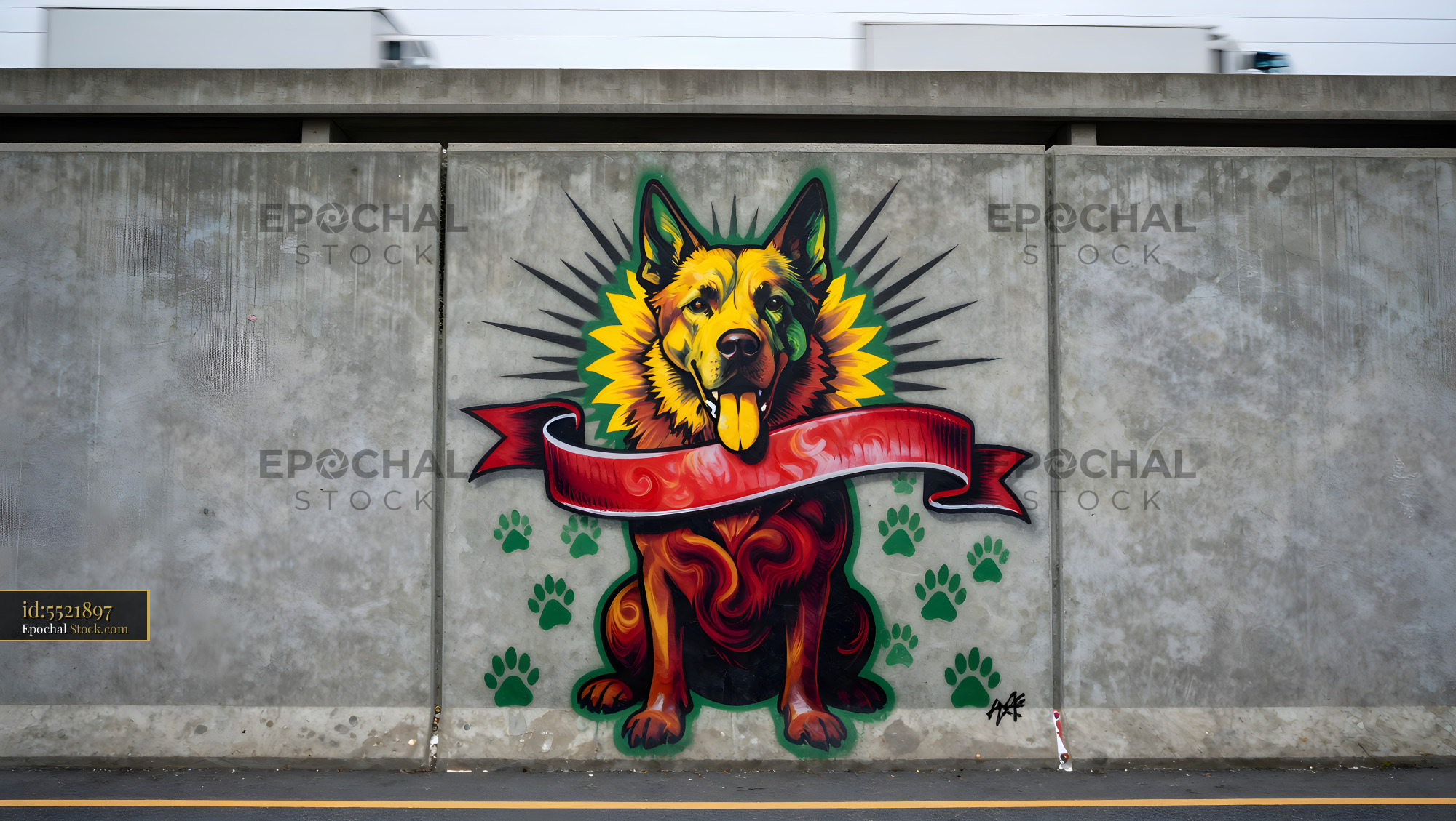Dog mural on a city wall shows bright colors and a bold design Premium Stock Image
