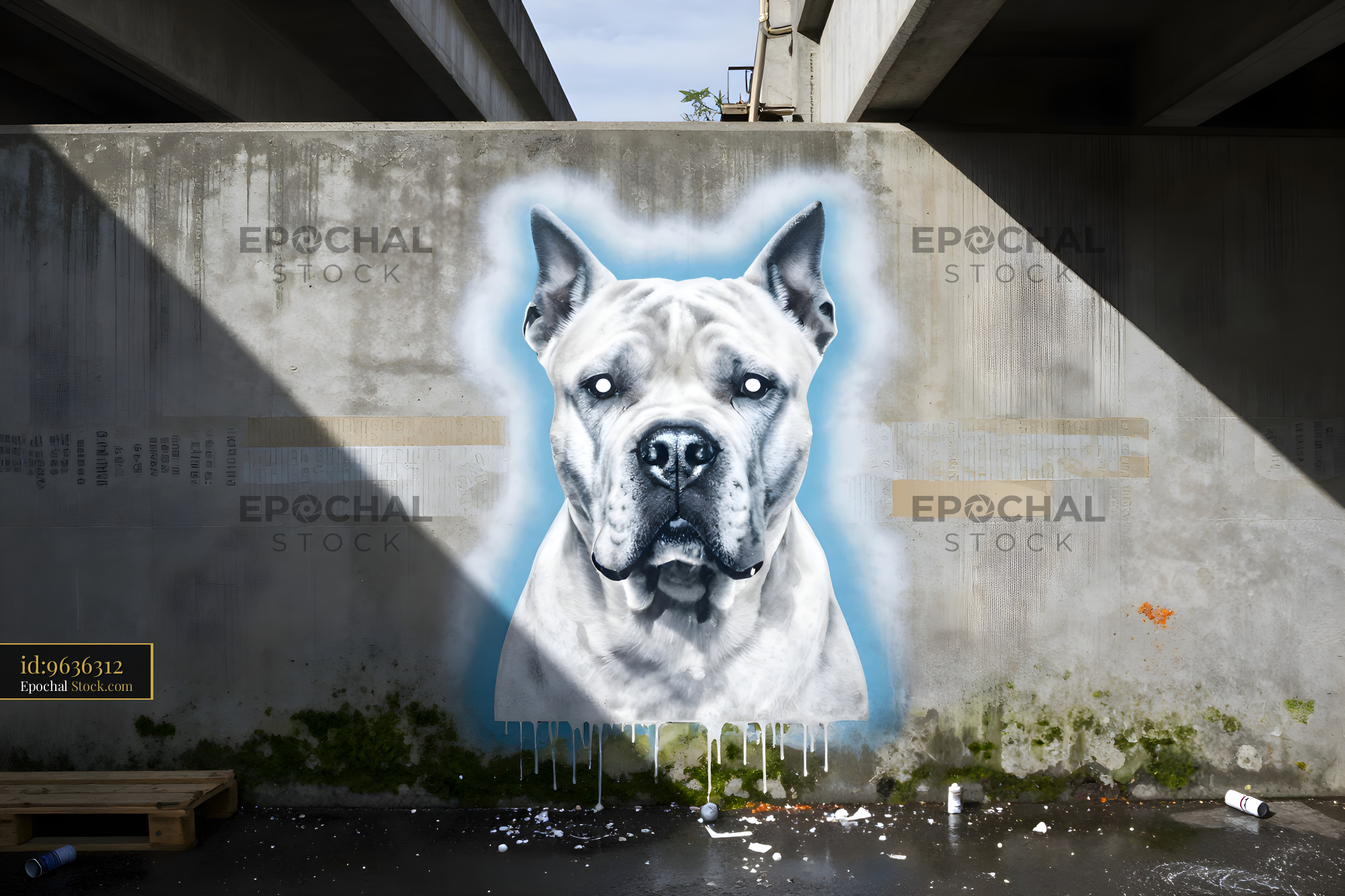 Murals of a dog on a concrete wall in an urban setting Premium Stock Image
