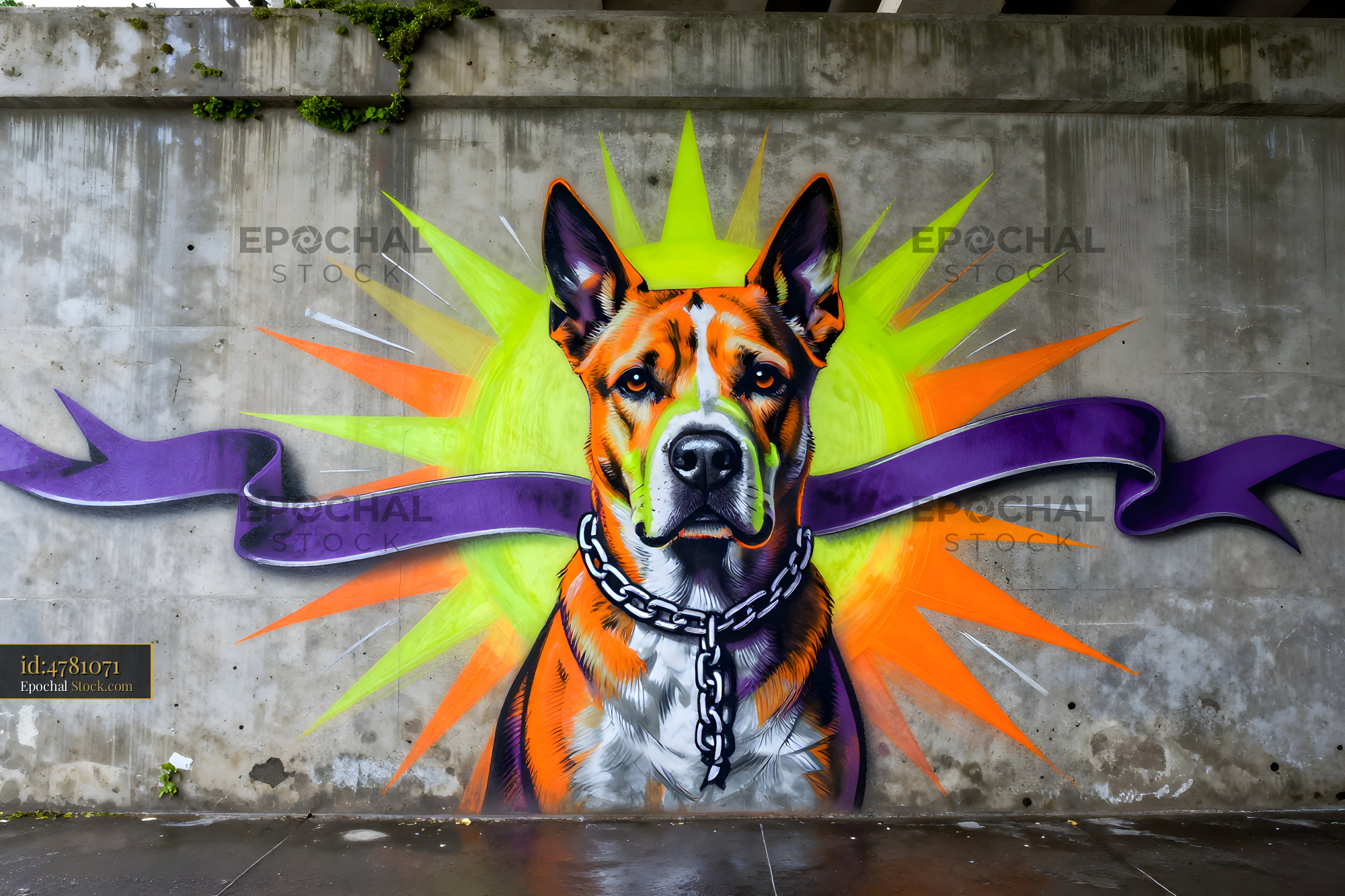 Colorful dog mural on wall under bridge in urban area Premium Stock Image