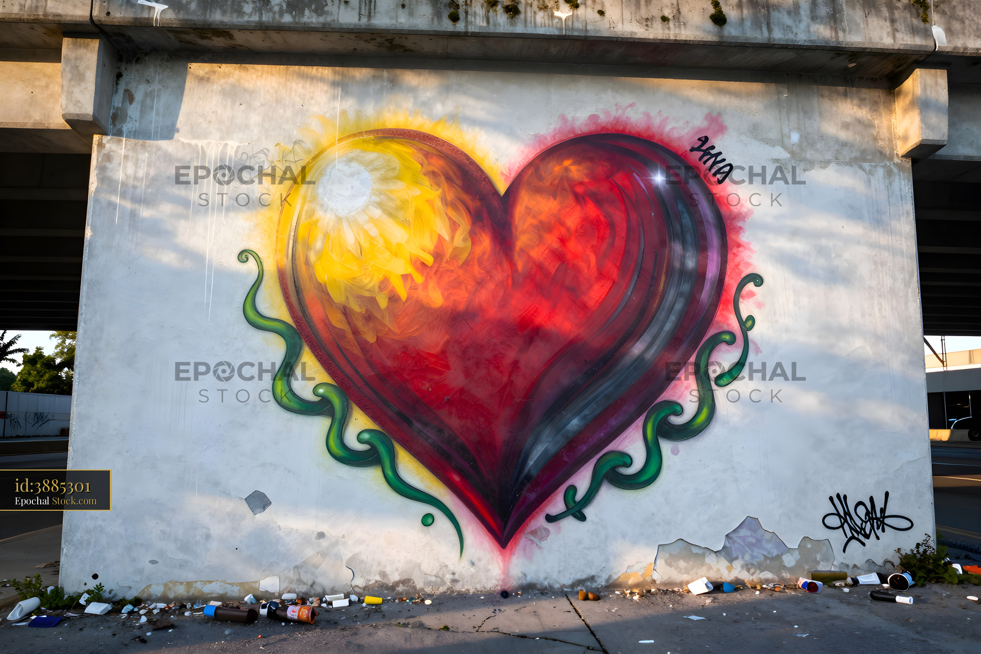Colorful heart mural on wall under bridge in city Premium Stock Image