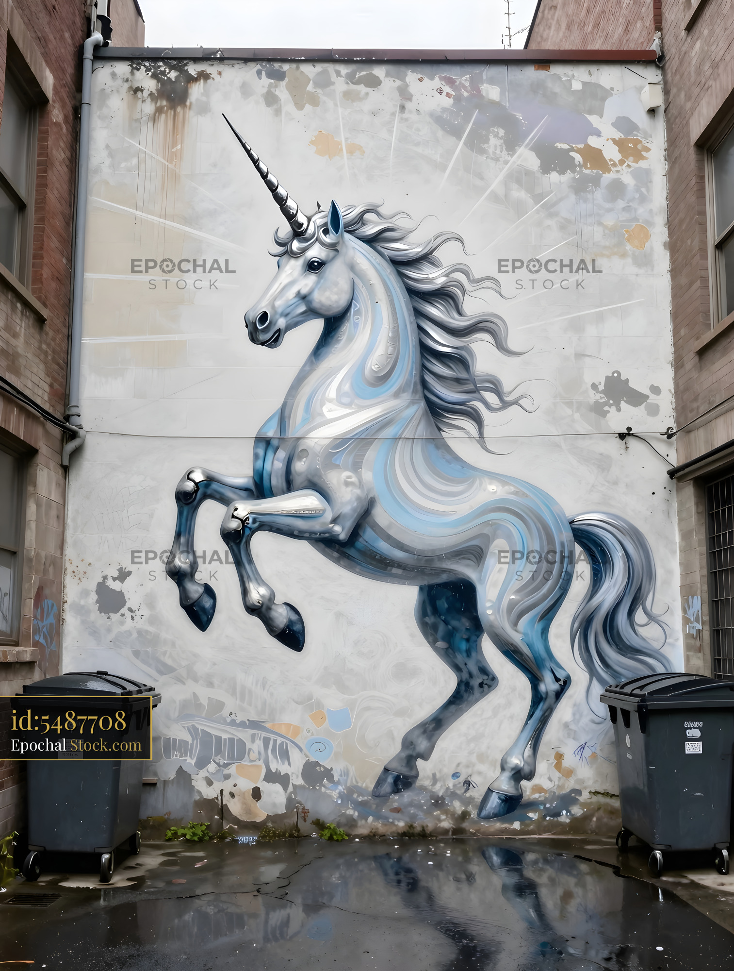 Unicorn mural on a wall in an urban alleyway with dumpsters Premium Stock Image