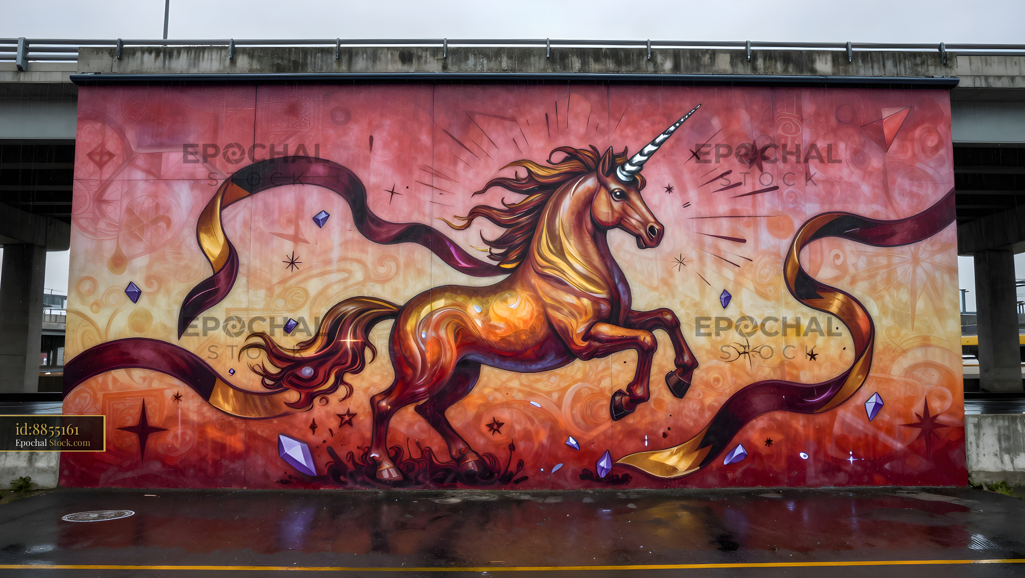 Colorful unicorn mural on a city wall under a bridge Premium Stock Photo