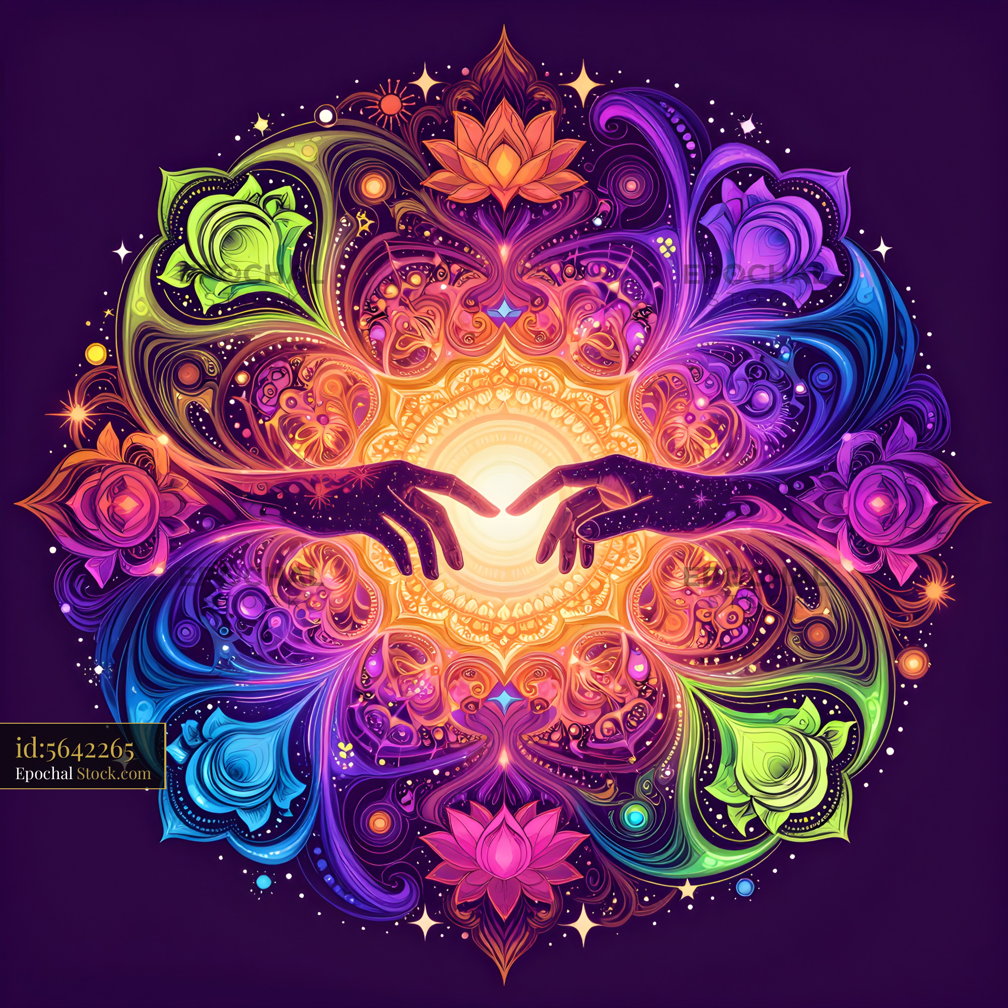 Creative hands reach for a bright center in colorful design Premium Stock Photo