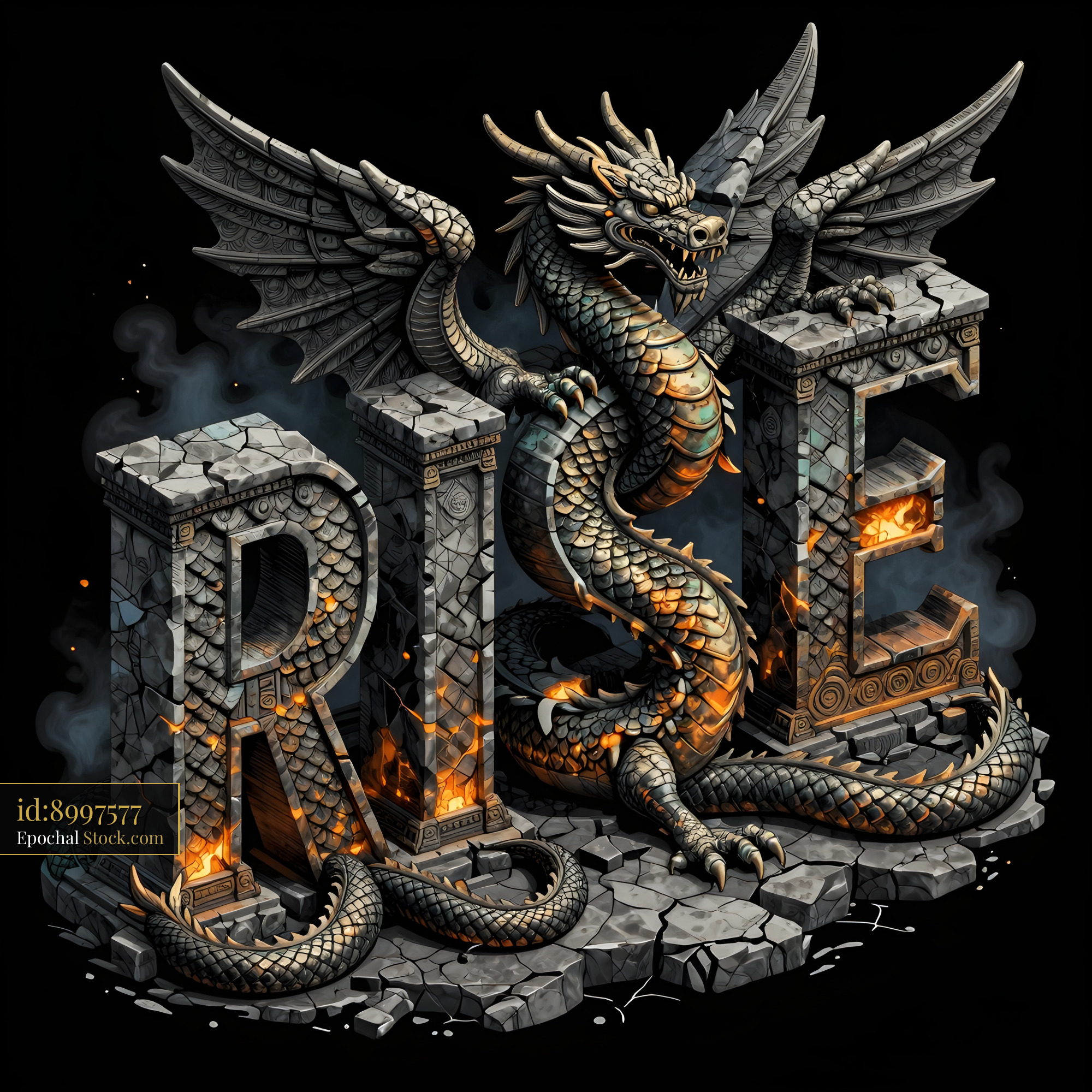 Rise of the dragon in a stone setting with flames Premium Stock Image