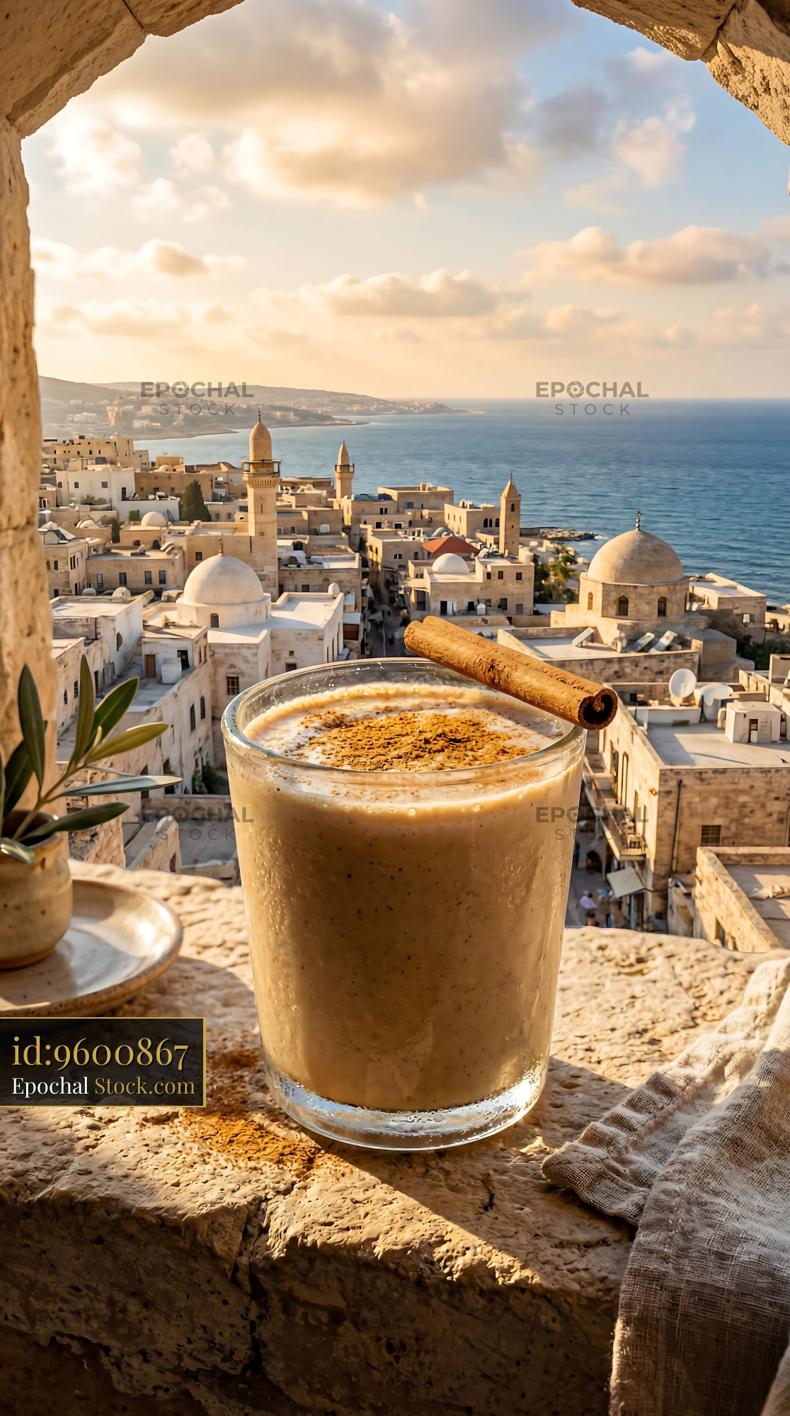 Tahini Date Shake Overlooking Mediterranean City - stock photo