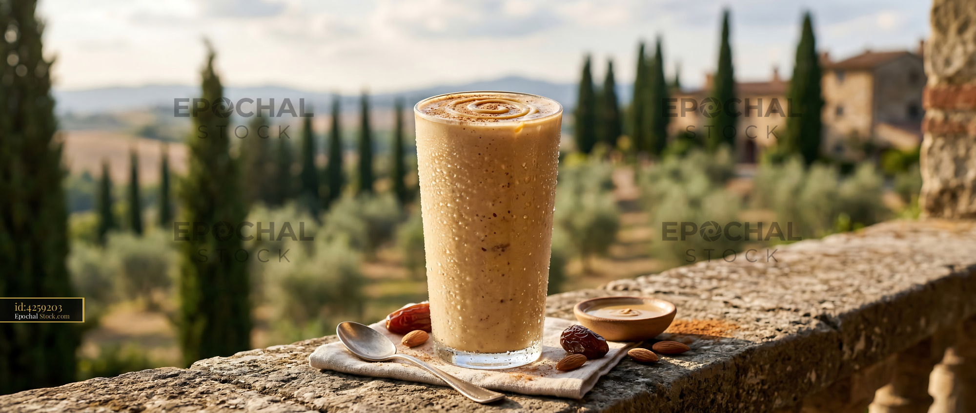 Tahini Date Shake on Stone, Tuscan View - stock photo