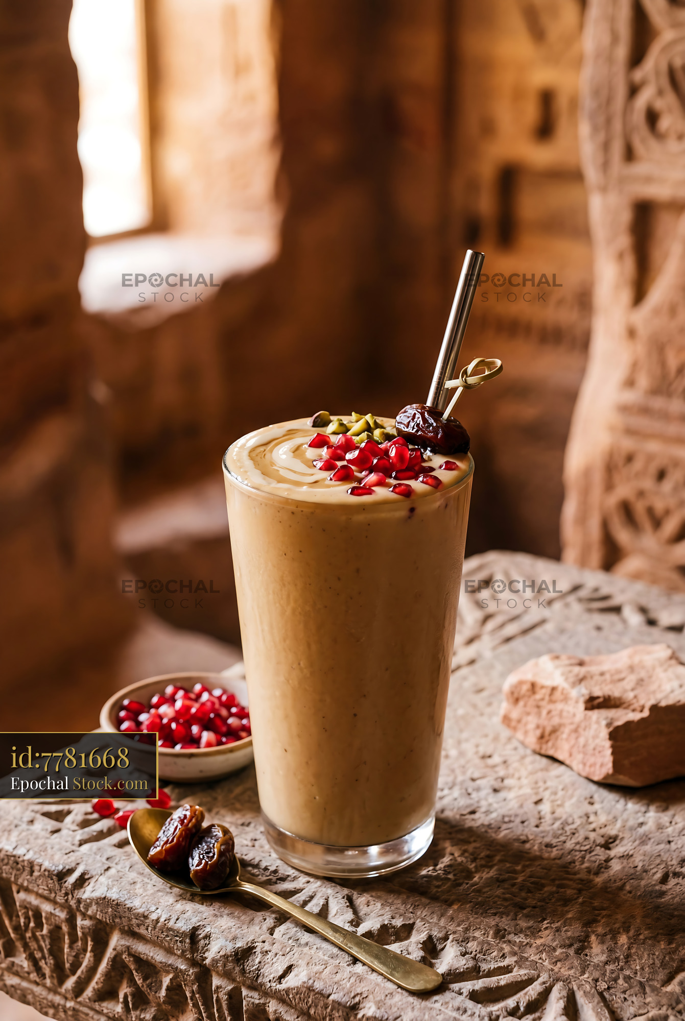 Tahini Date Shake with Pomegranate Seeds - stock photo