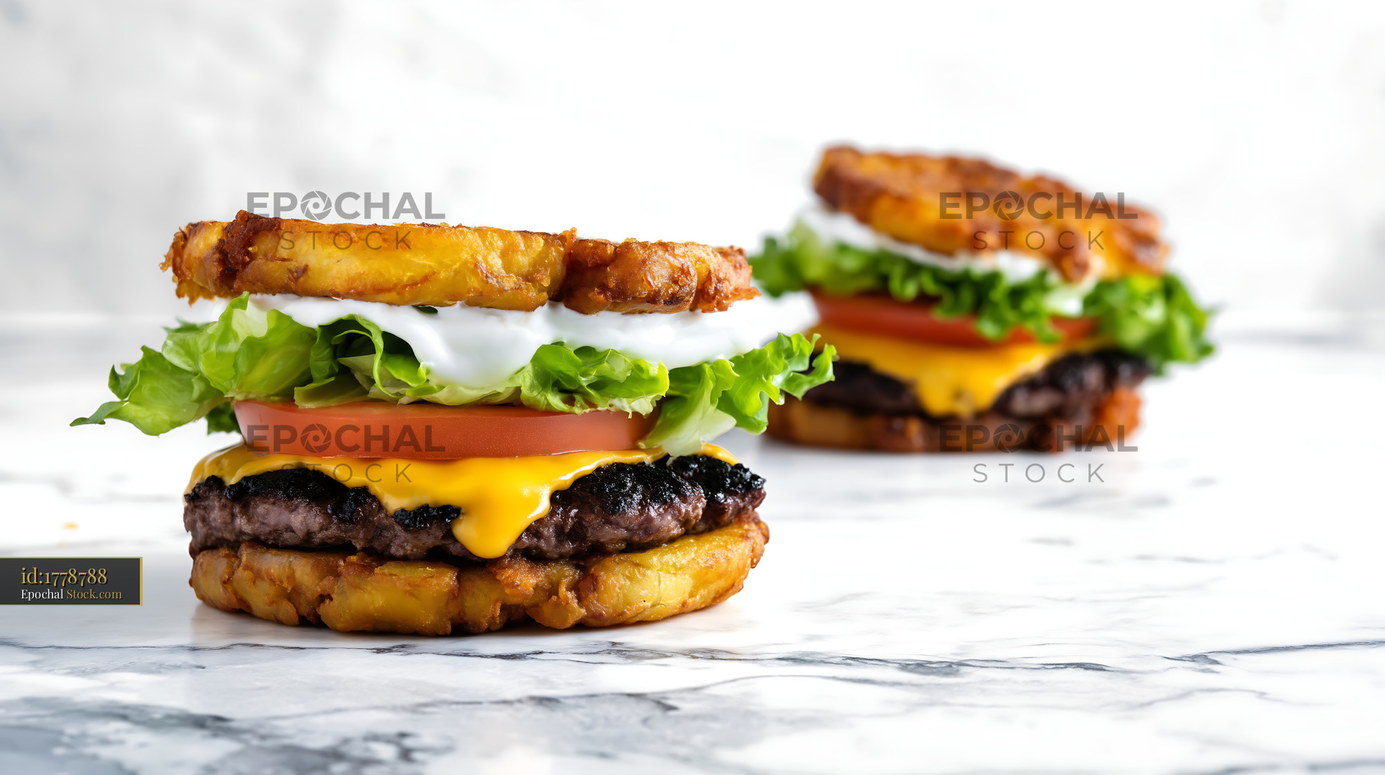 Jibarito Burger With Melted Cheese, Lettuce, and Tomato on Marble - stock photo