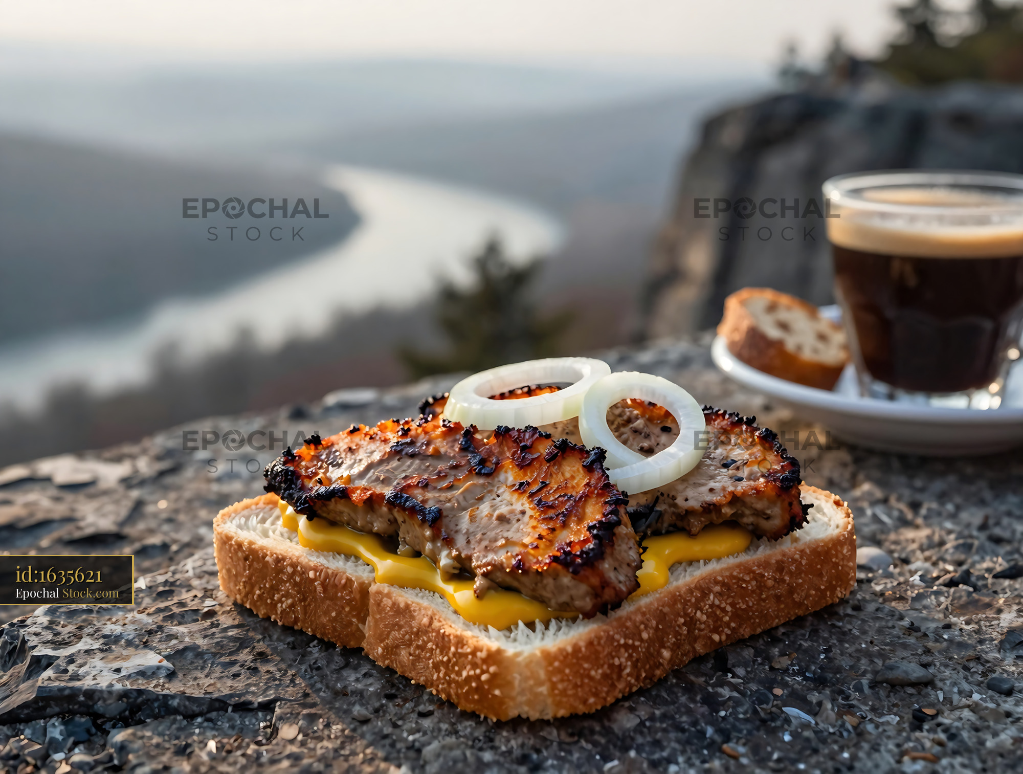 Grilled Livermush Sandwich with Onions, Scenic Overlook - stock photo