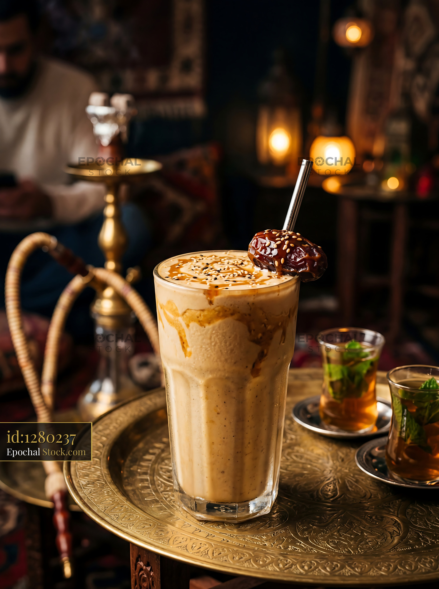 Tahini Date Shake with Chocolate Date Topper - stock photo