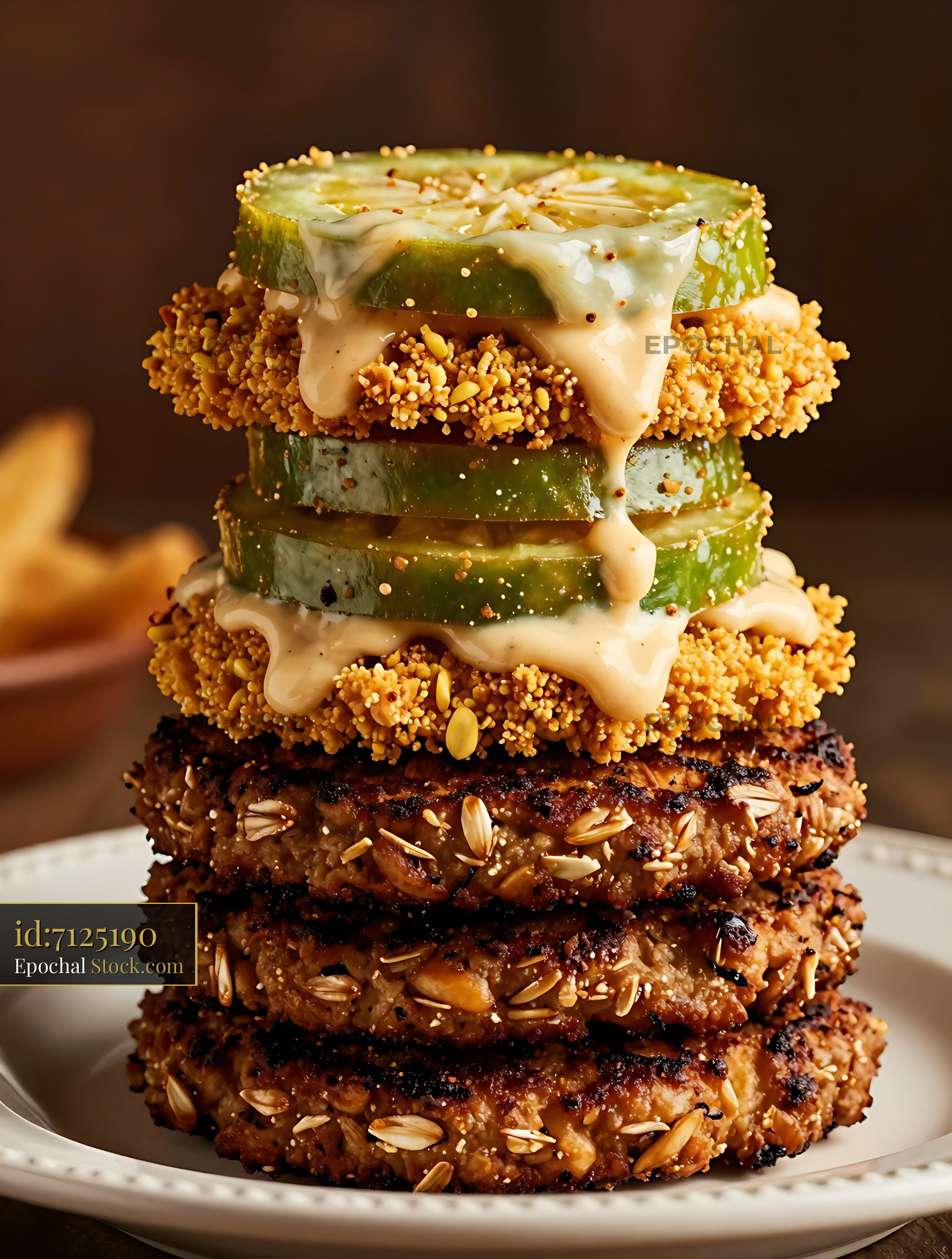 Goetta Stack with Cucumber & Creamy Sauce - stock photo