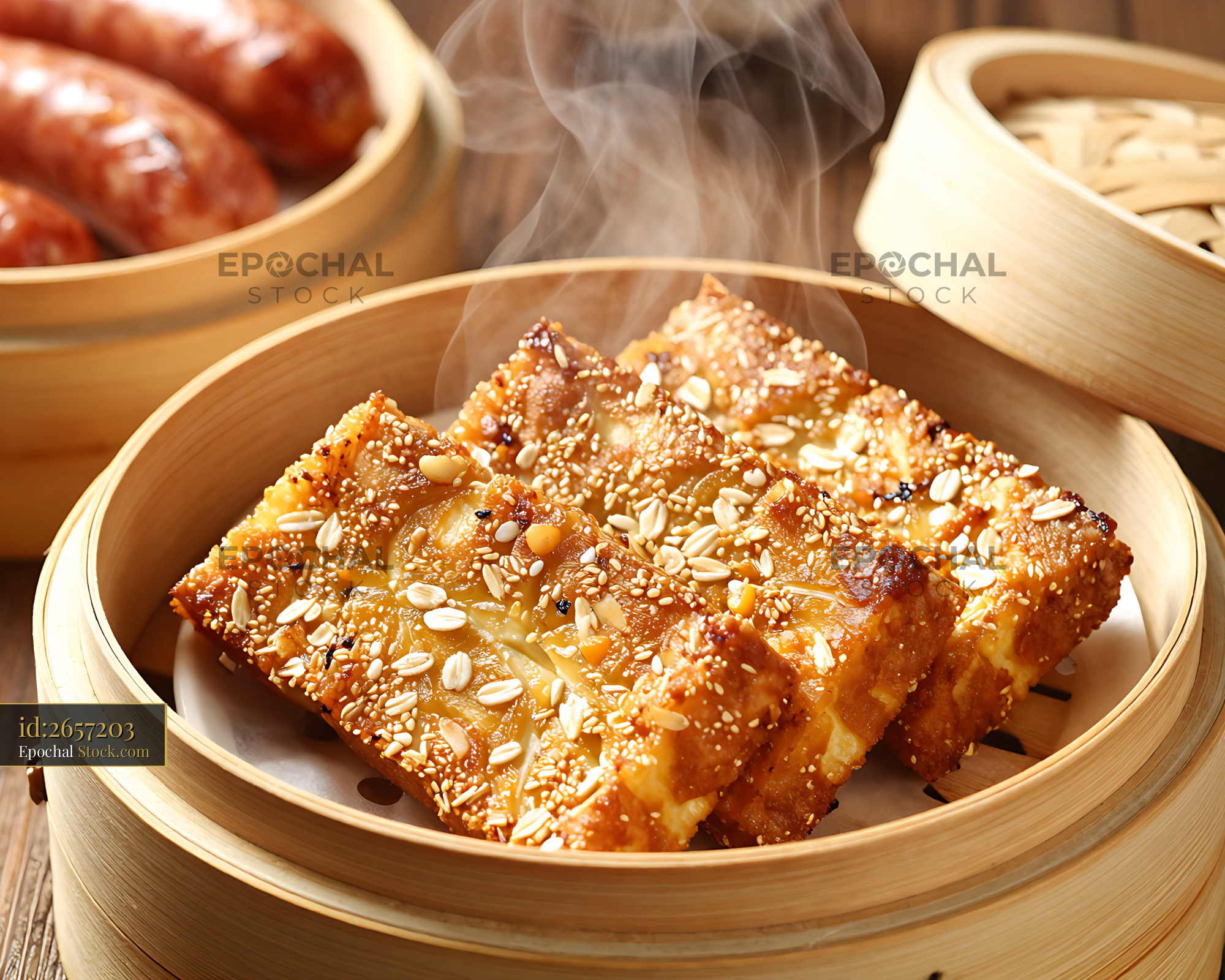 Goetta in Bamboo Steamer with Sesame - stock photo