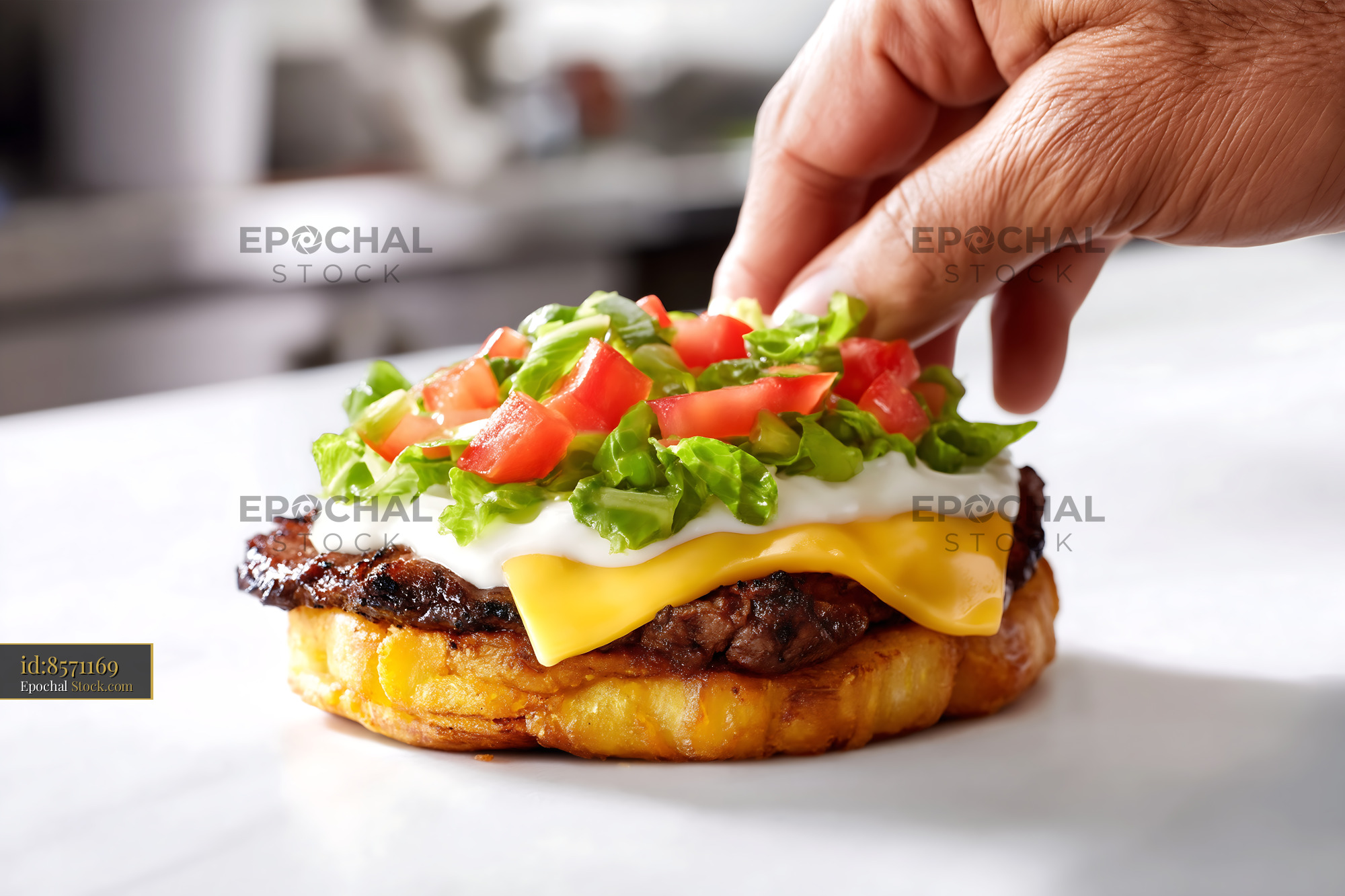 Gourmet Jibarito Burger with Plantain Bun, Melted Cheese and Fresh Toppings - stock photo