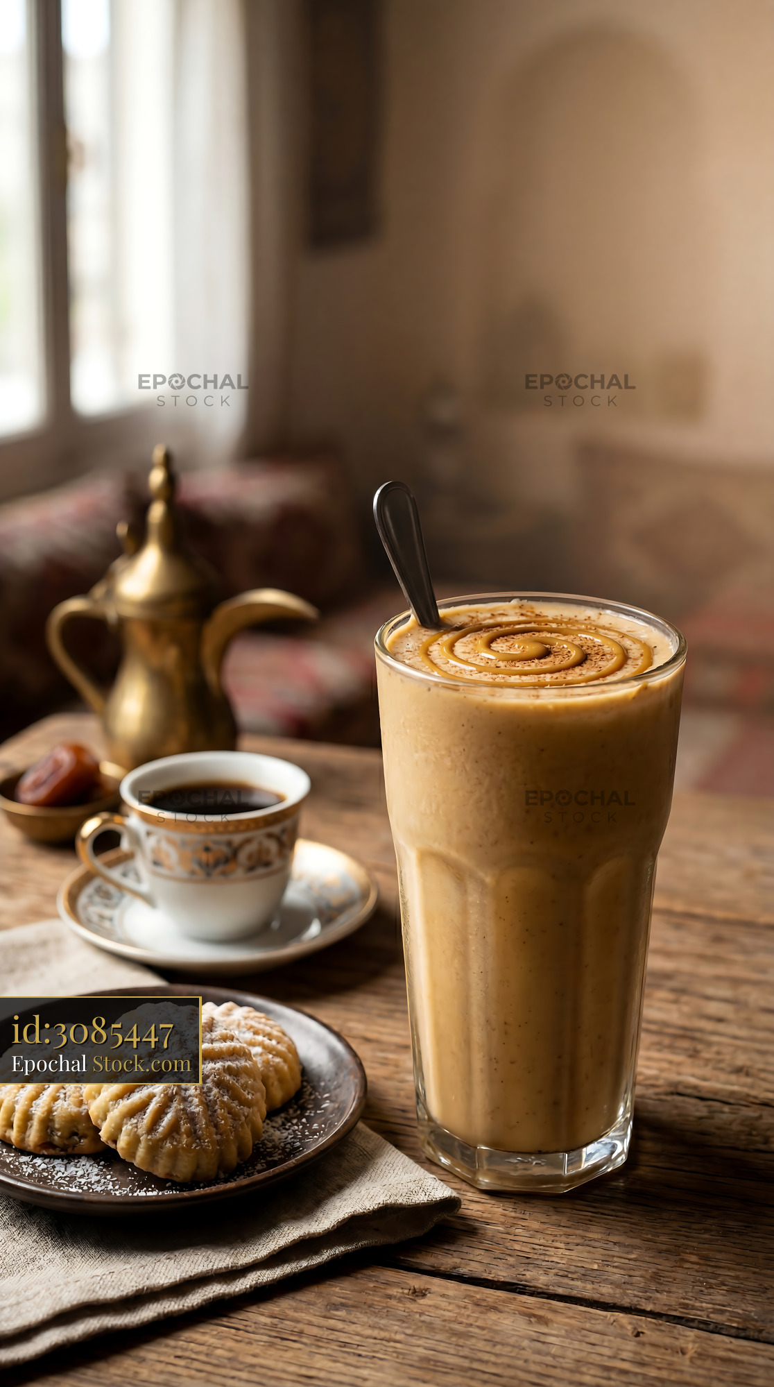 Tahini Date Shake with Arabic Coffee & Pastries - stock photo