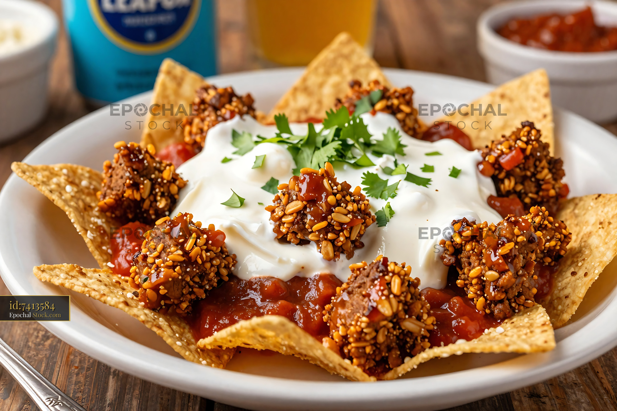 Goetta Nachos with Sour Cream and Salsa - stock photo
