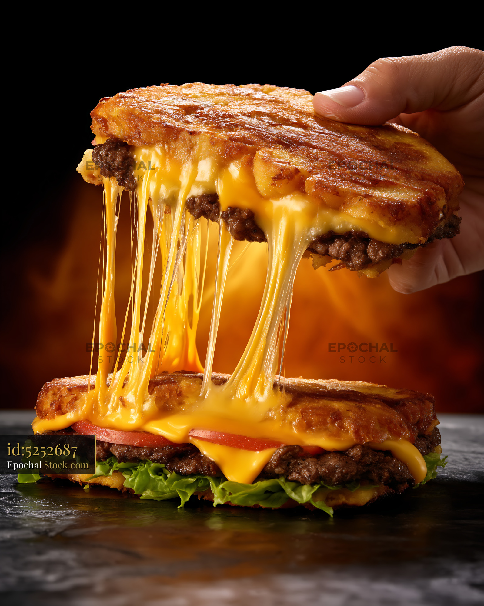 Jibarito Burger with Melted Cheese Pull - Gourmet Food Photography - stock photo