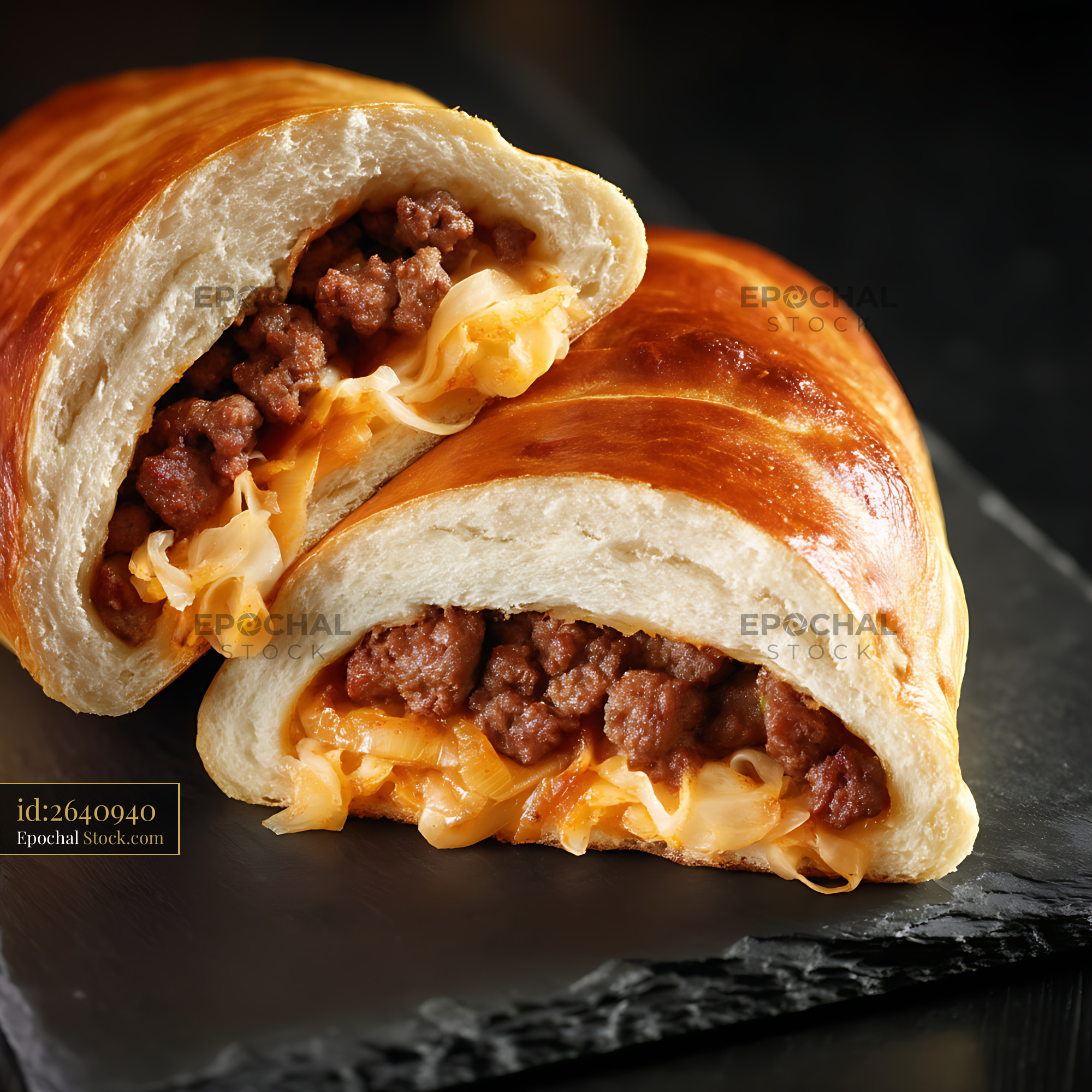 Bierocks Beef and Cheese Pastry Split on Dark Slate - stock photo