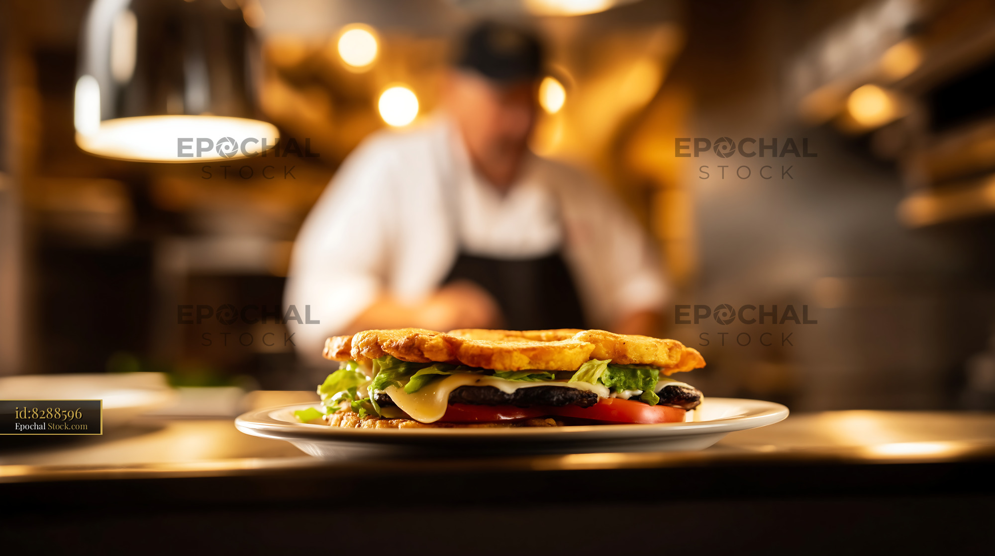 Jibarito Burger with Fresh Vegetables Plated in Professional Restaurant Kitchen - stock photo