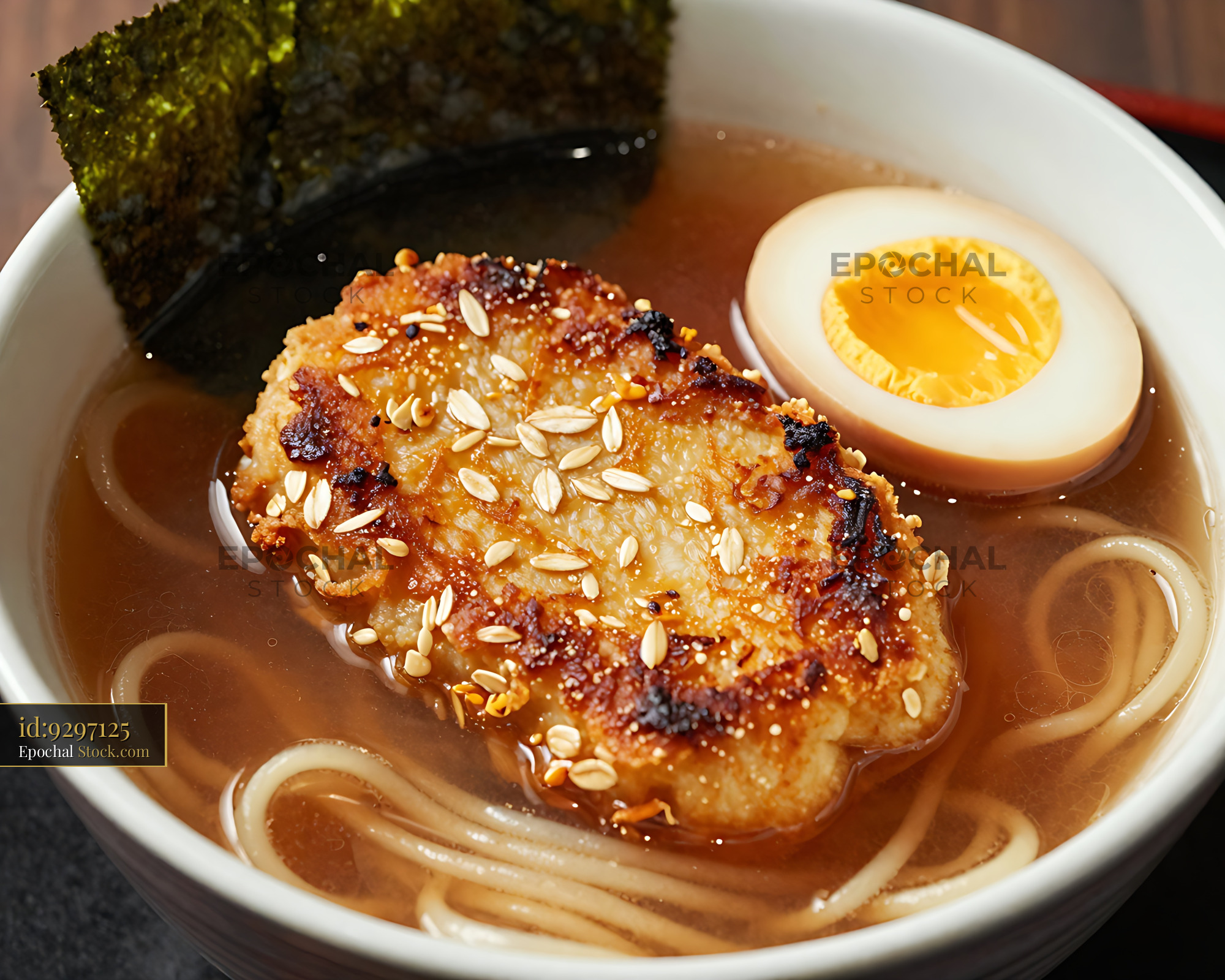 Seared Goetta Ramen with Soft Boiled Egg - stock photo
