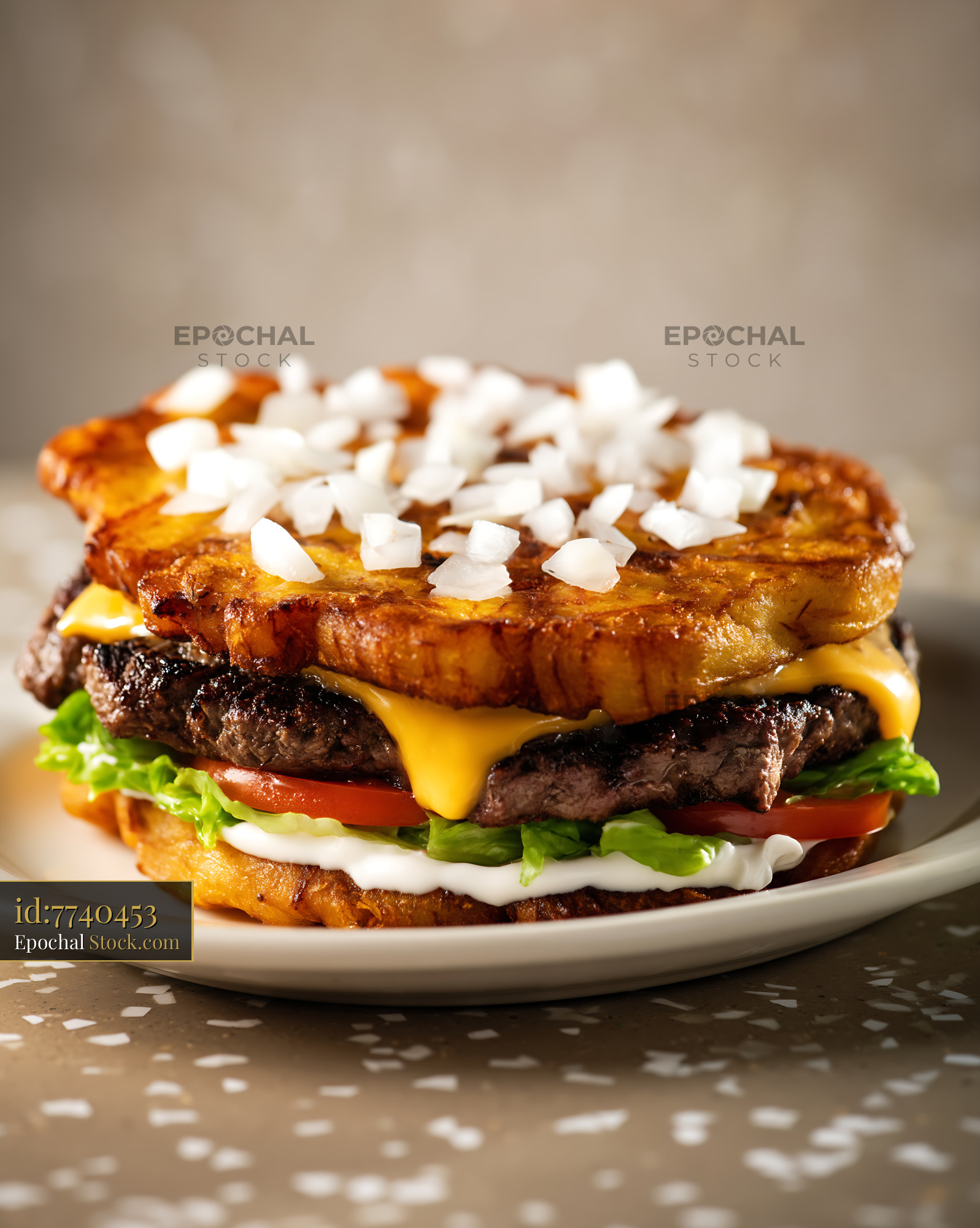 Jibarito Burger with Fried Plantain Bun, Melted Cheese and Coconut Topping - stock photo