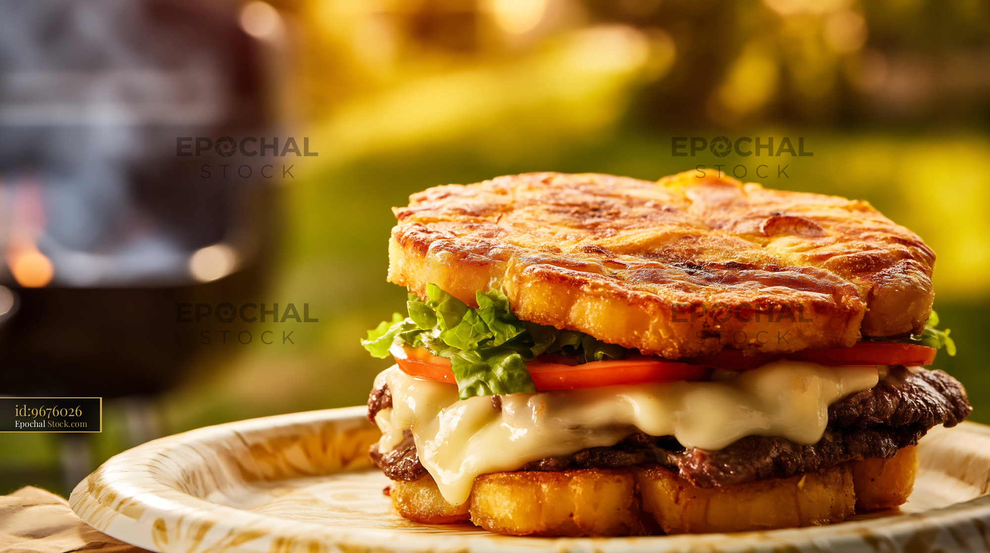 Golden Jibarito Burger with Crispy Plantain Buns, Melted Cheese and Fresh Toppings - stock photo