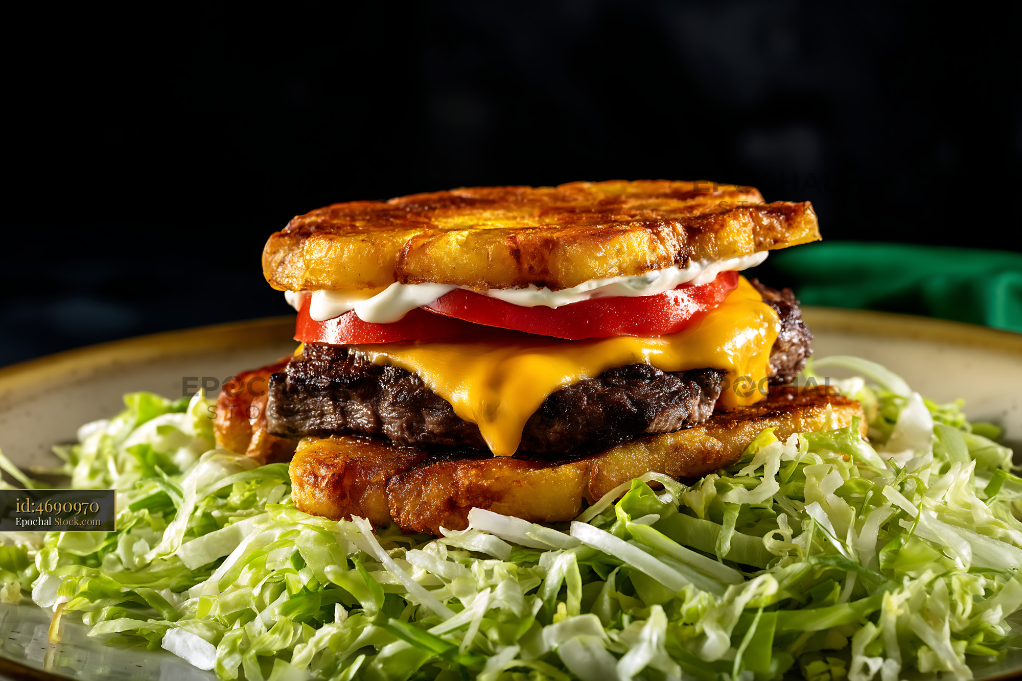 Jibarito Burger with Melted Cheese on Plantain Buns - stock photo