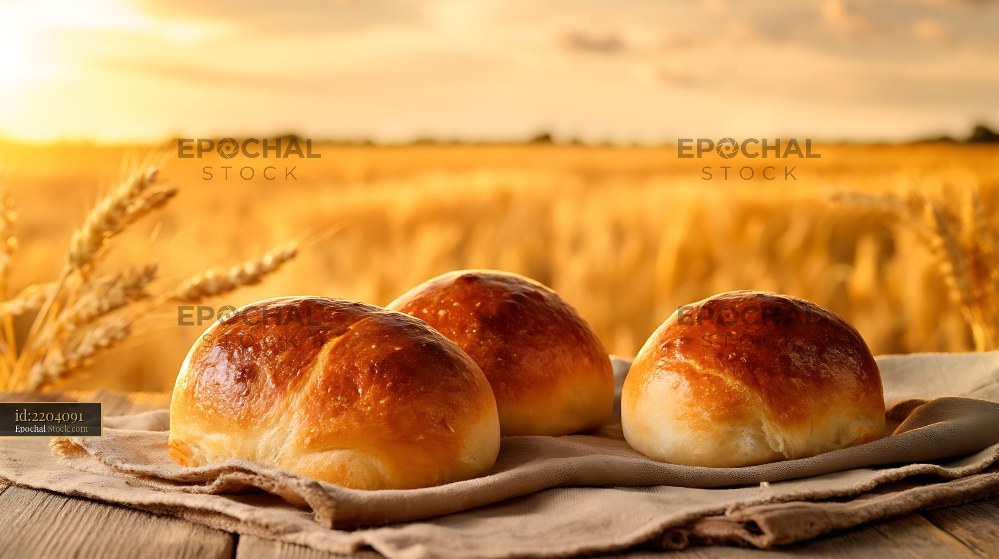 Golden Bierocks Rustic Bread Rolls in Wheat Field at Harvest - stock photo